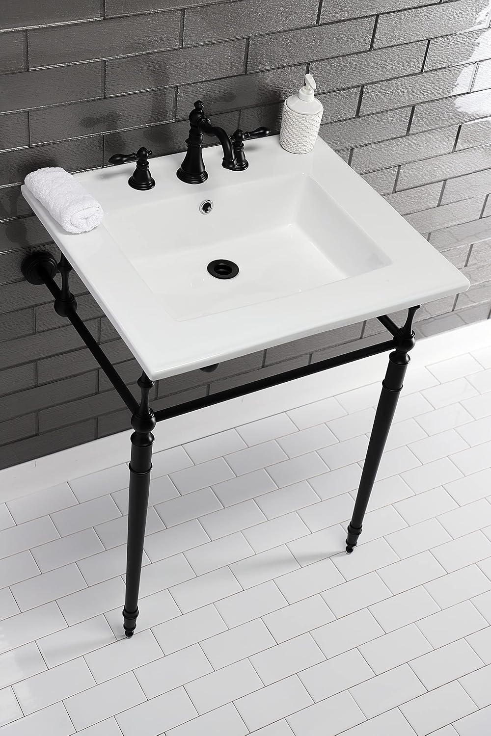 Kingston Brass KVPB25227W8MB Edwardian 25-Inch Console Sink with Brass Legs (8-Inch, 3 Hole), White/Matte Black