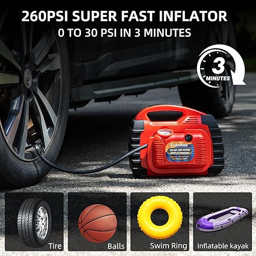 Miniatura 3 de Arrancador con compresor de aire, batería de coche de 260PSI 1000A (6.0 gas6.0L diesel), 12 V arrancador de coche portátil con inflador de neumáticos