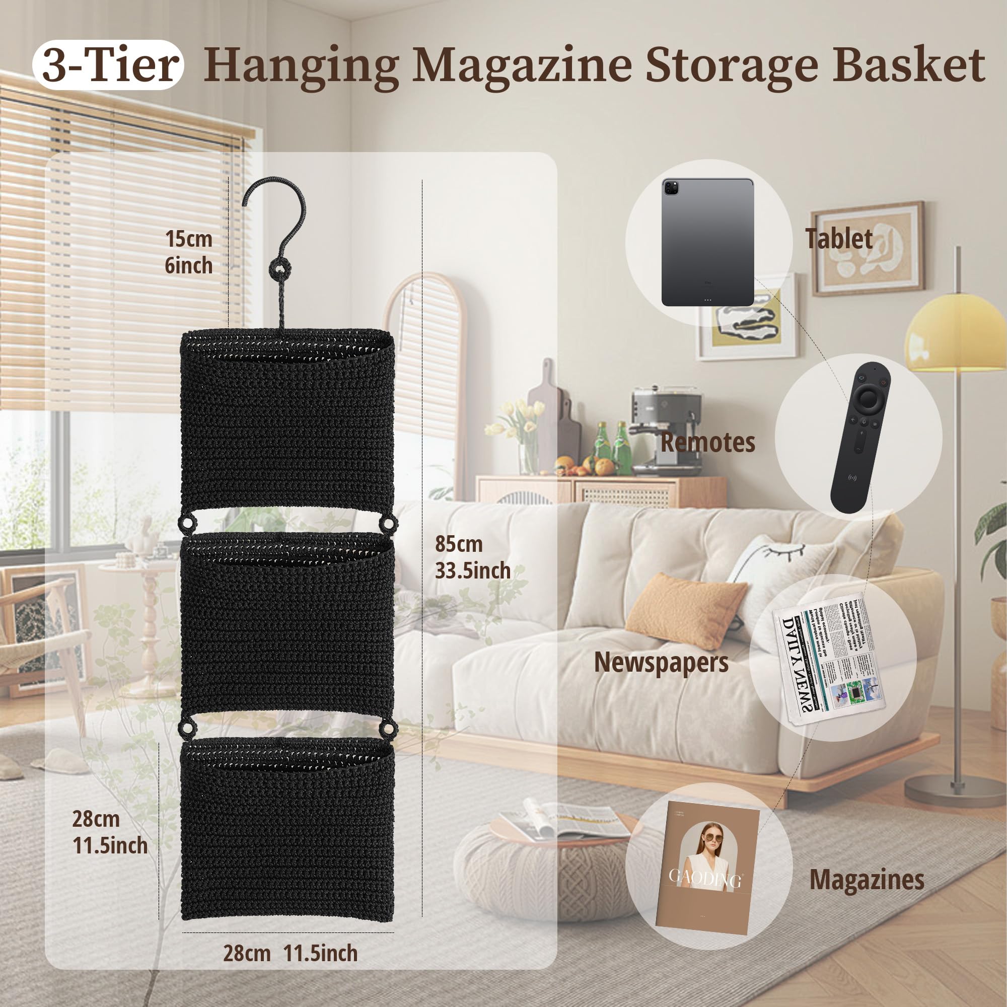 Wymulot 3 Tier Wall Mounted Magazine Rack, Magazine Basket with Hooks, Boho Storage Holder Books Basket for Newspaper, Remote Controls, Keys, Decorative Hanging Basket for Living Room, Bedroom (Black)