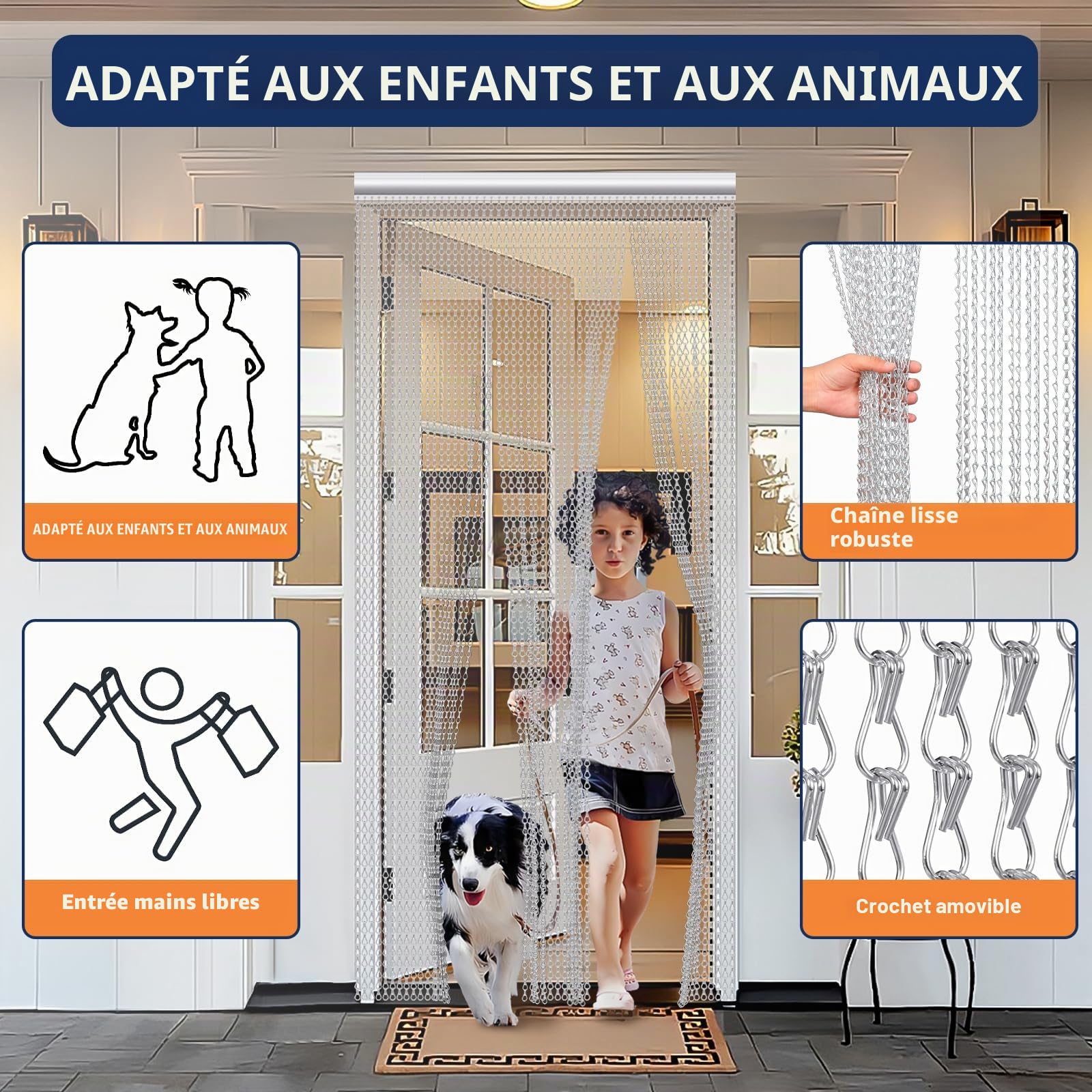 Chaînes de moustiquaire pour portes - Argenté - 80 x 200 cm - Chaîne en aluminium - Moustiquaire en métal pour empêcher les mouches d'entrer