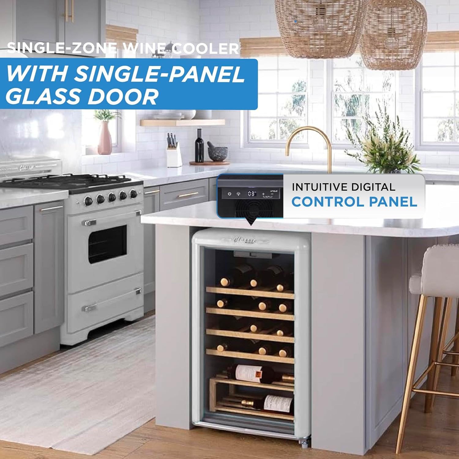 Unique Appliances Classic Retro Electric Wine Cooler, 28-Bottle Wine Fridge with Adjustable Wooden Shelves and Intuitive Digital Control Panel, Single Zone, 21", Marshmallow White
