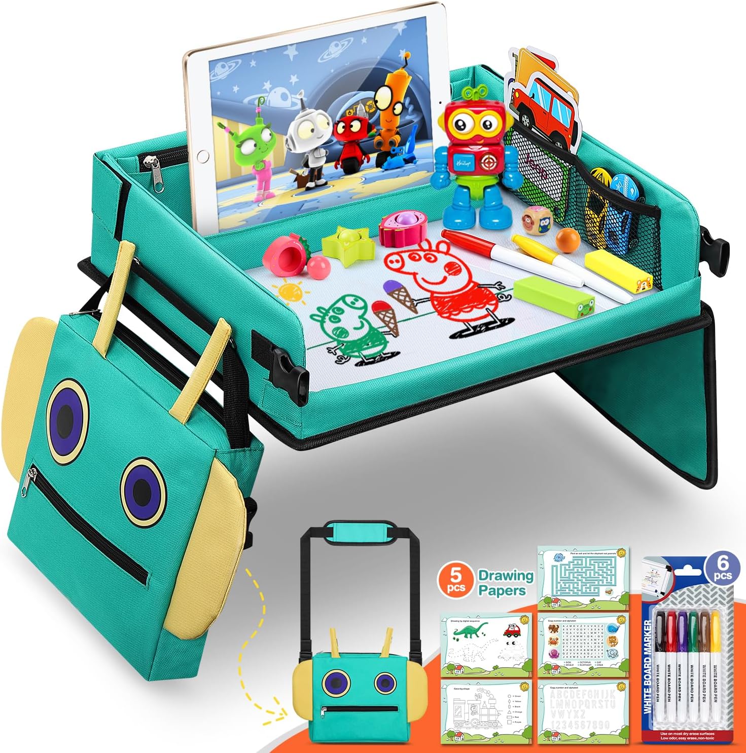 COOLJOY Kids Travel Tray for Toddler Car Seat, 2 in 1 Kids Lap Tray with Robot Backpack and Transparent Erasable Surface, Play Trays for Cars, Educational Travel Toys for Kids Toddlers Boys Girls