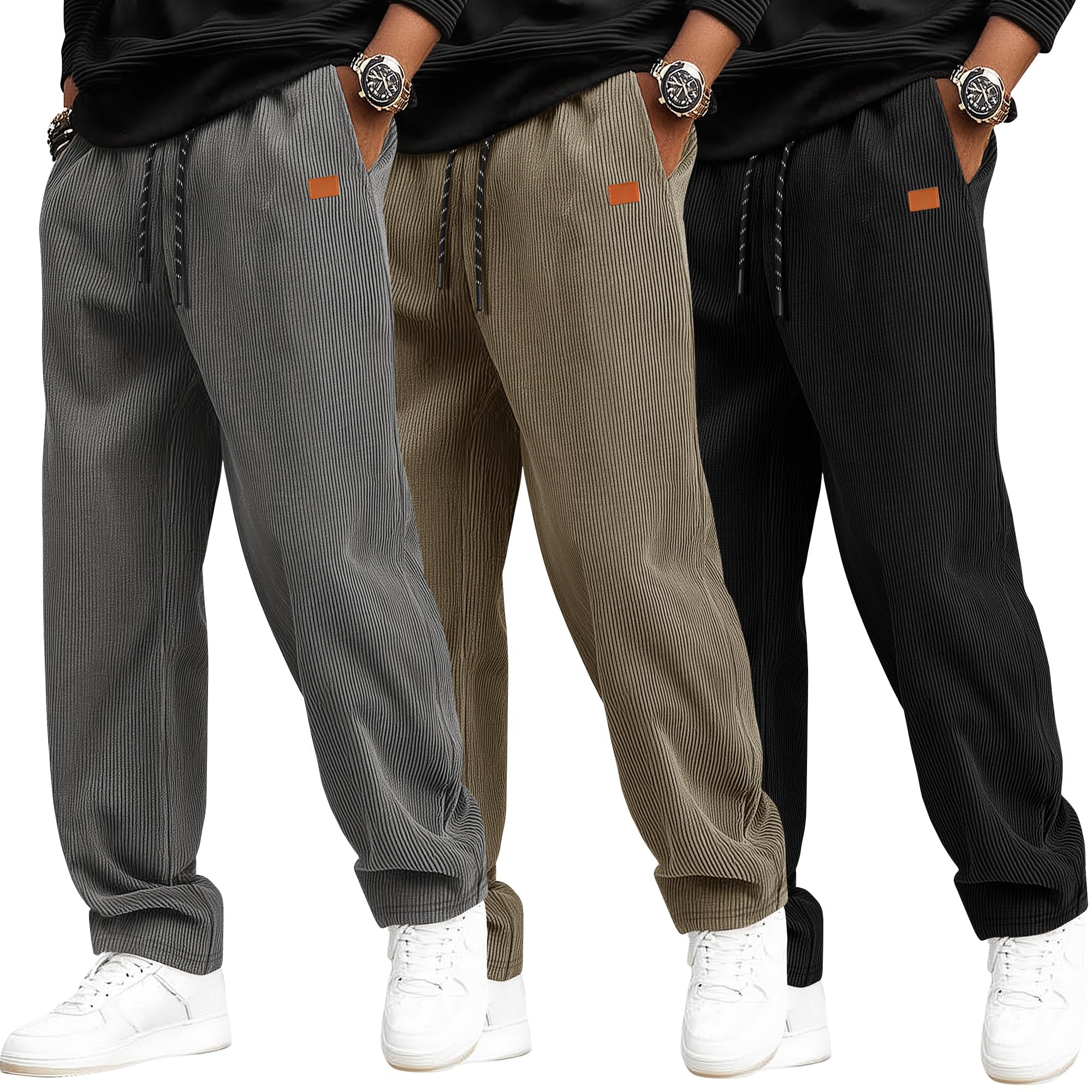Neer 3 Pack Mens Corduroy Pants Casual Drawstring Elastic Waist Straight Leg Loose Fit Baggy Sweatpants with Pockets