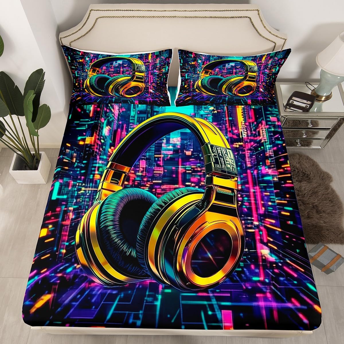 jejeloiu Yellow Headset Bed Sheets Set Twin Size Kids Game Gaming Fitted Sheet with Deep Pocket for Boys Girls Teens Headphone Bedding Set Breathable Microphoner Bedroom Decor Bedclothes