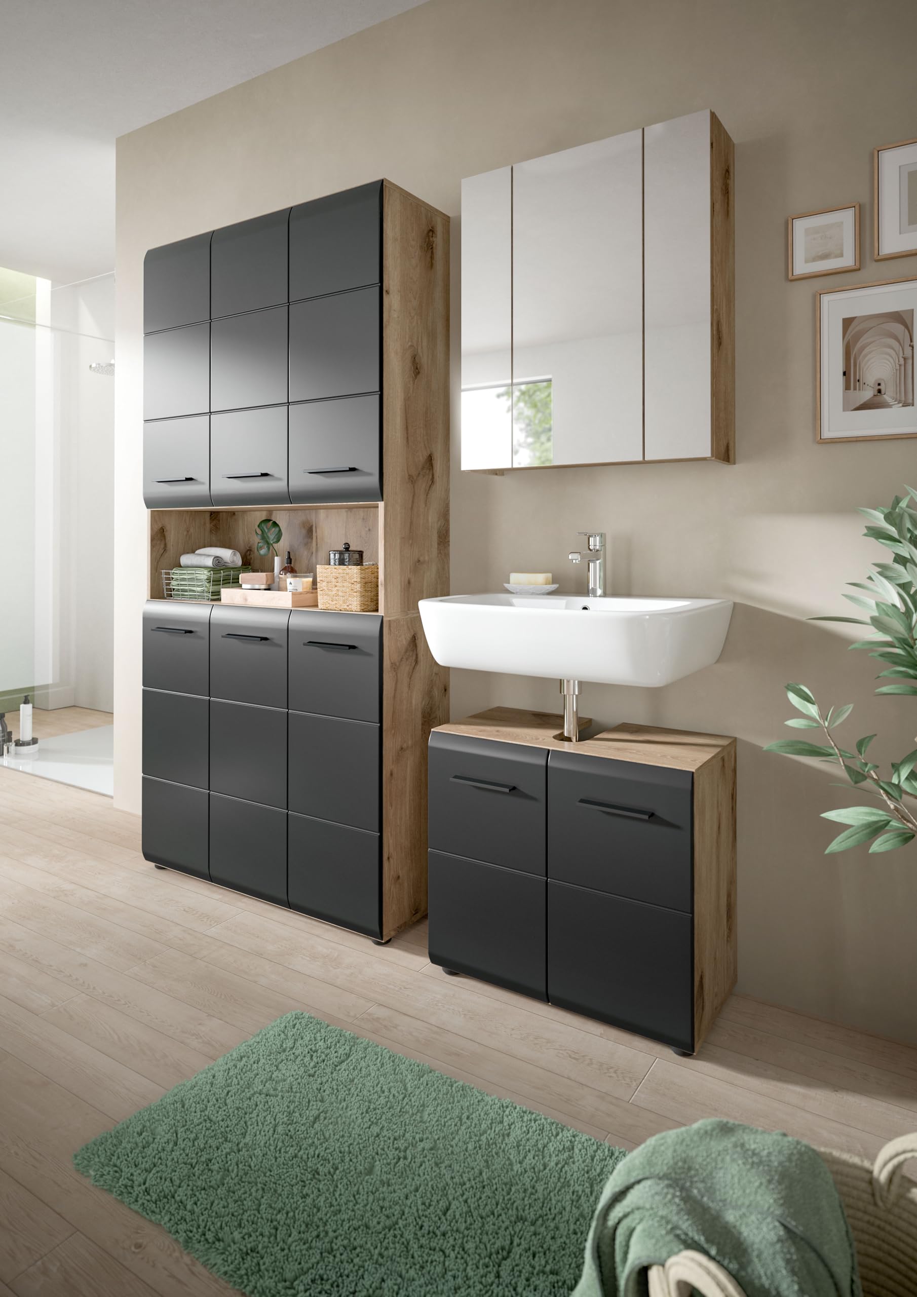 xonox.home – 3 TLG. Kompakte Badkombination Ice 165x185x30 cm in Korpus Nox Oak Nachbildung und Front schwarz matt – Stilvolles Möbel-Set für Moderne Badezimmer – pflegeleicht & funktional