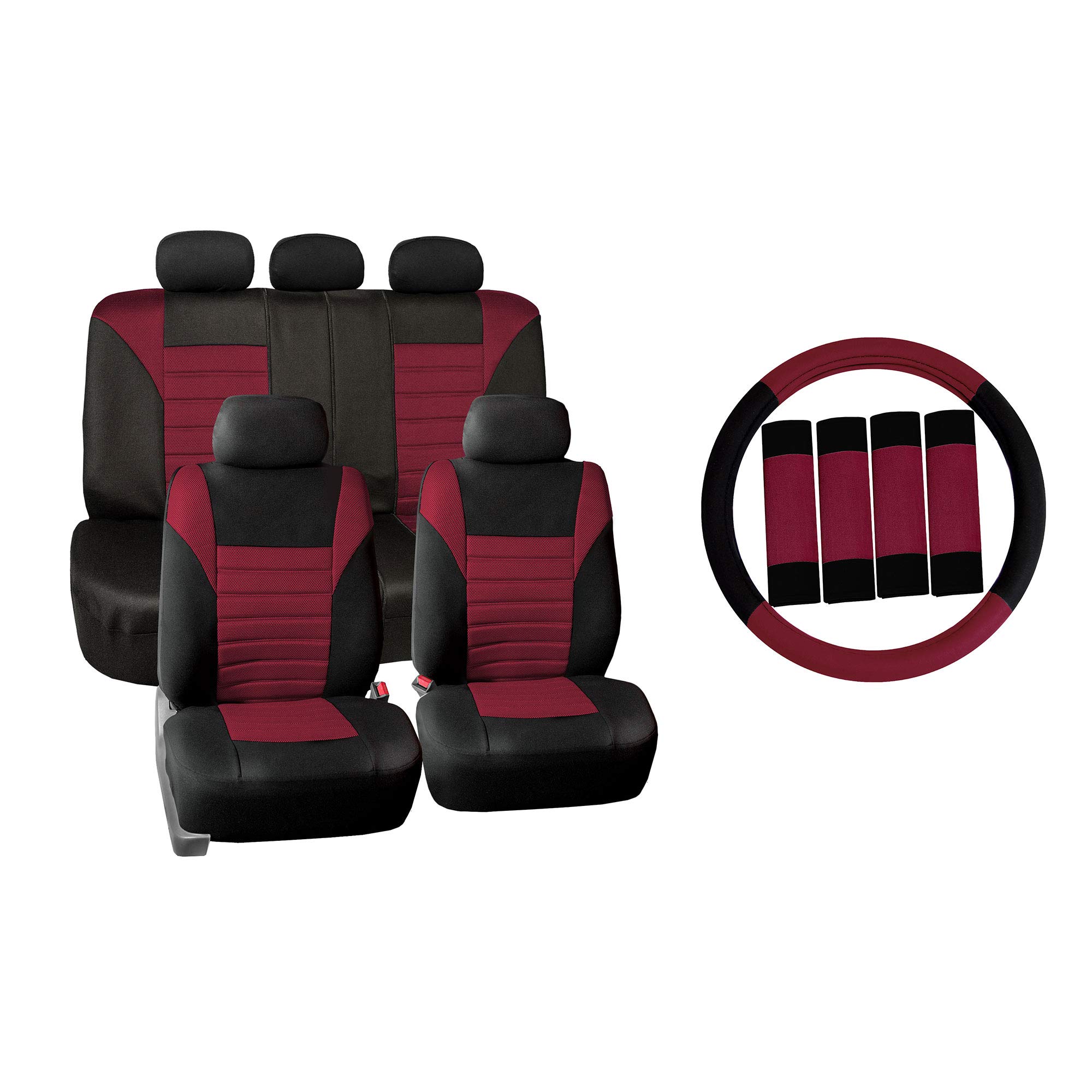 TLH Car Seat Covers Premium 3D Air Mesh Seat Covers Full Set, Airbag Compatible, Burgundy Color w/Steering Wheel Cover Seat Belt Pads Universal Fit Interior Accessories for Cars Trucks and SUV