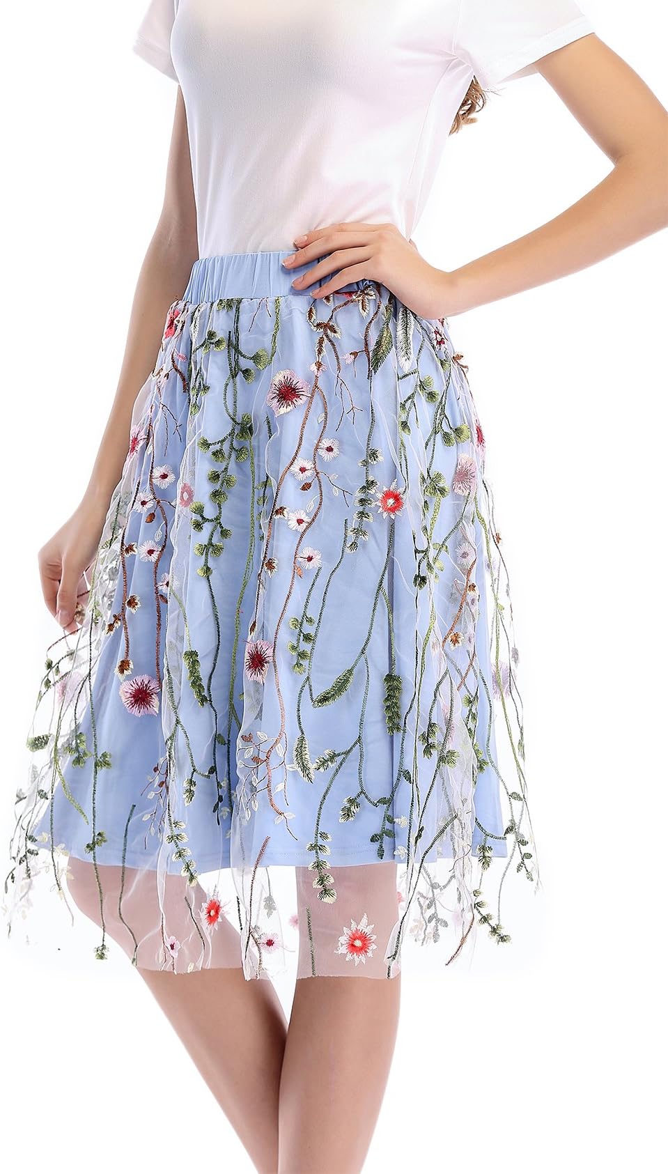 Women’s Summer Skirt Knee Length A Line Floral Printed Dress Fresh Tutu Tulle Evening Party Skirt with Waistband Blue