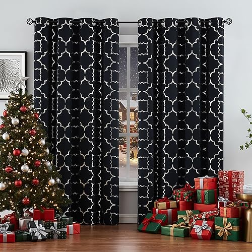 Paneles de cortinas opacas negras para dormitorio, 84 pulgadas, estampado metálico marroquí, cortinas de eficiencia energética para dormitorio, sala