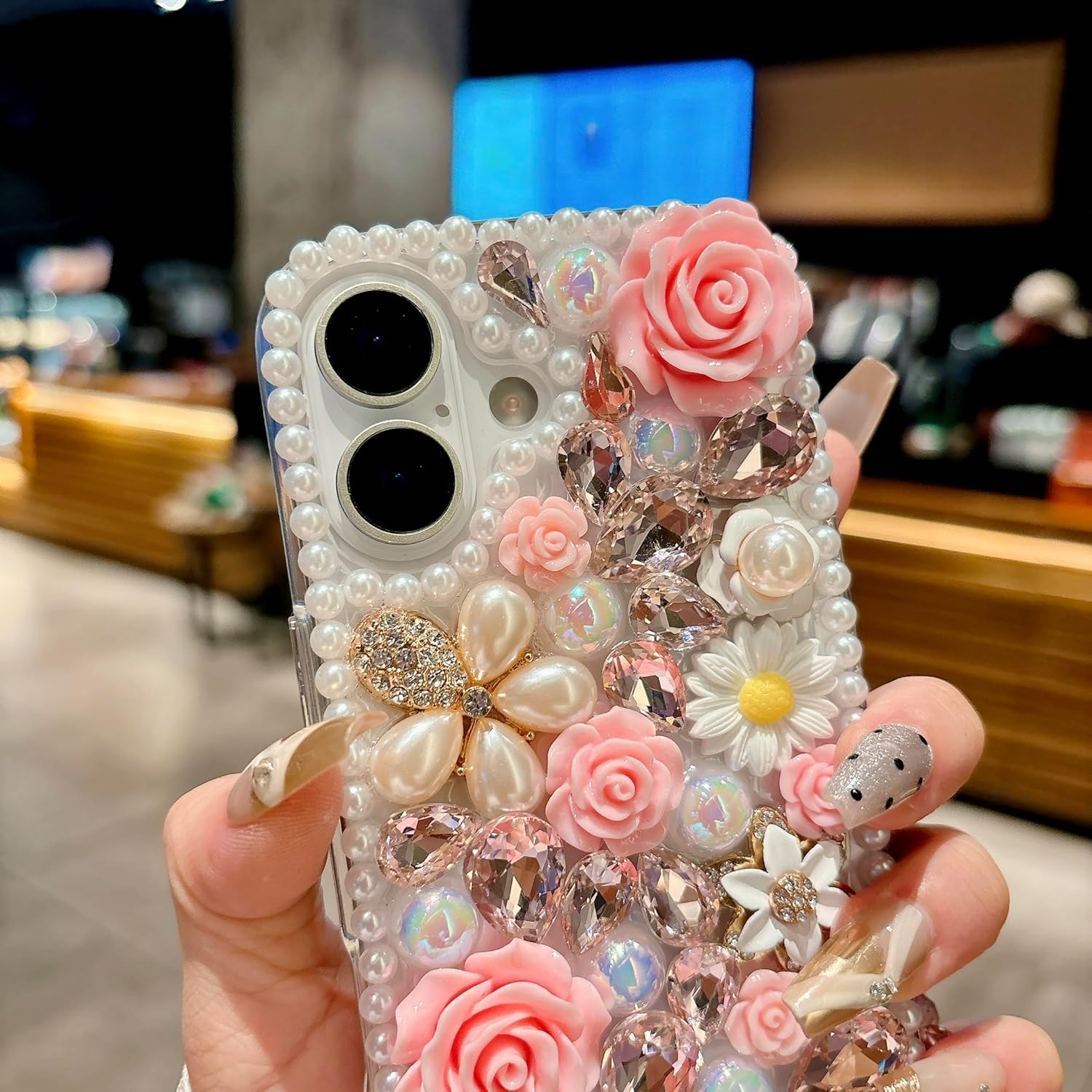 for iPhone 16 Case,Cute Bling Glitter Sparkle Stunning Stones Diamond Rhinestone 3D Handmade Pearl Rose Flower with Wrist Lanyard for Women Girly for iPhone 16 (Pink) - Image 4