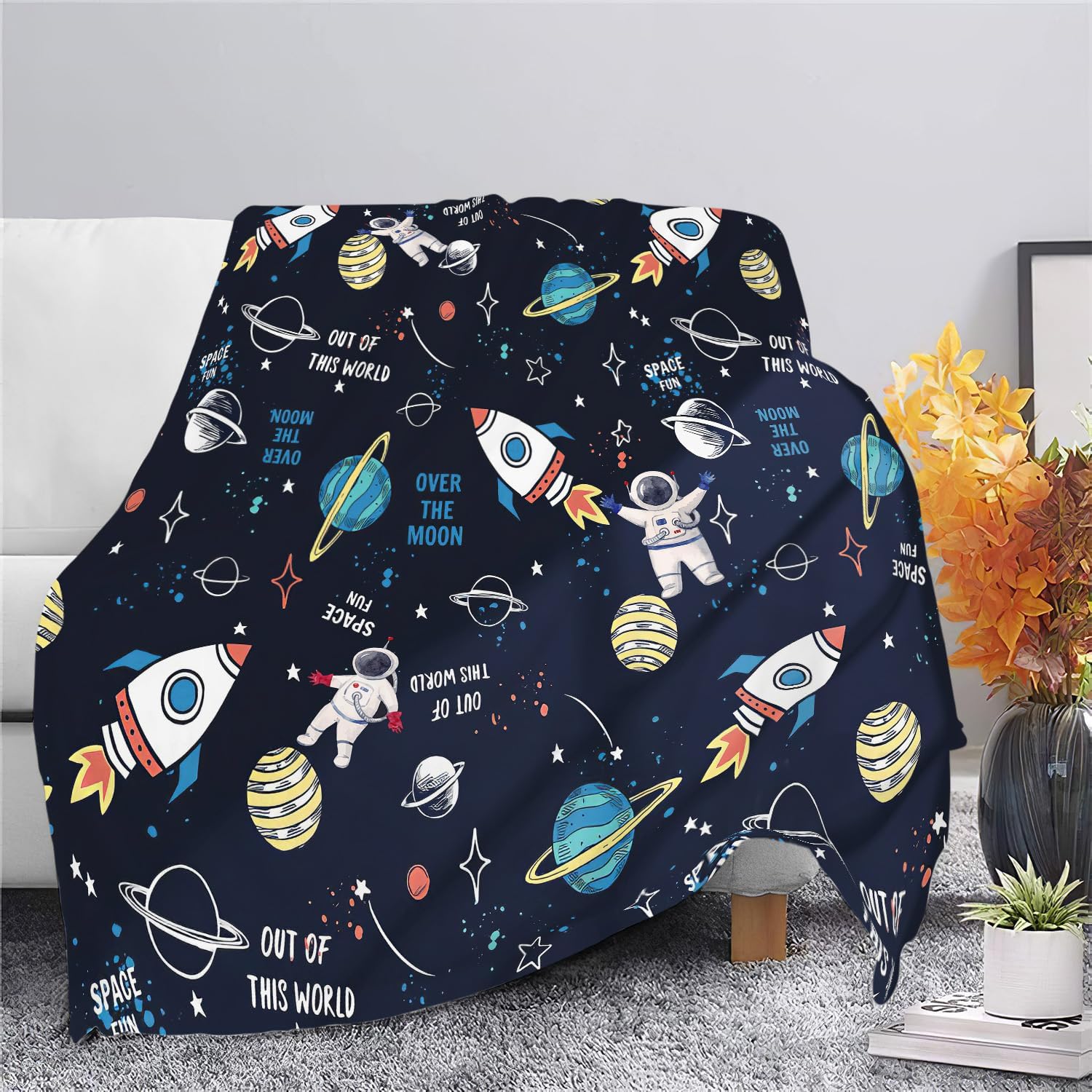SweetFox Space Astronaut Blanket Space Rockets Planet Throw Blanket Gifts for Girls Boys Super Warm Soft Plush Lightweight Fleece Flannel Winter Couch Bedding for Baby Kids Adults Women 50"X40" - Image 4