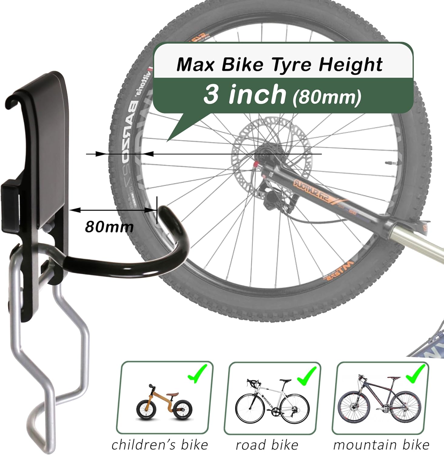 Bike Hook 2 Pack, Max 3 Inch for Mountain Bike eBike, 110 lbs Weight Capacity, with Extra Helmet Hook, Heavy duty Wall mount Bicycle Rack for Garage Storage
