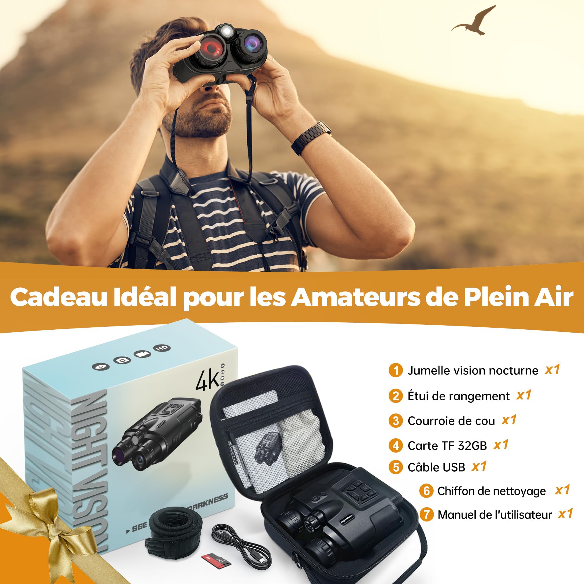 TKWSER Jumelles de Vision Nocturne 4K, Zoom numérique 8X, Batterie 5000 mAh Rechargeable, portée visuelle 600 m, écran TFT UHD de 3", étanche IP65, pour la Chasse, Le Camping avec Carte TF de 32 Go