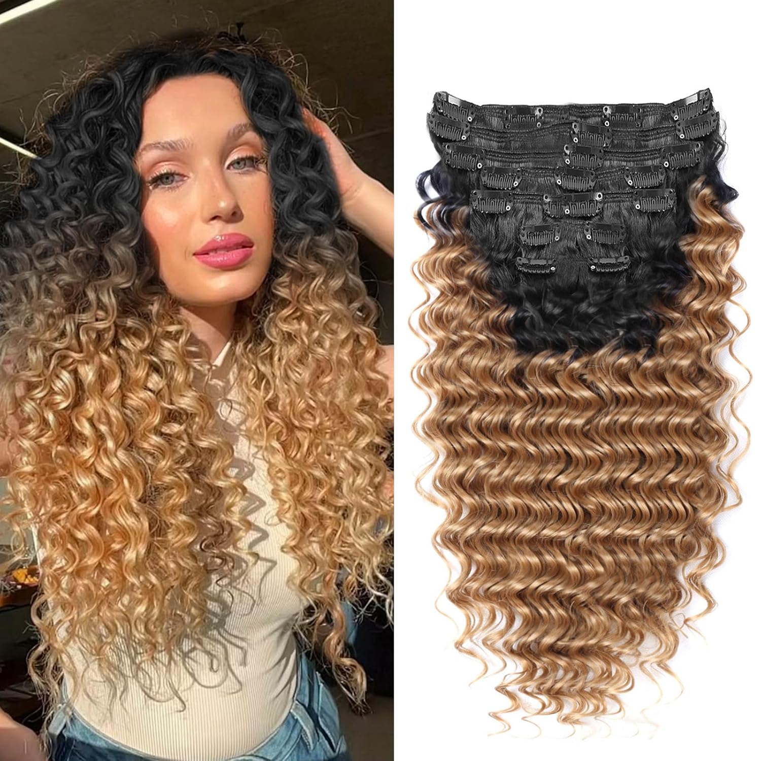 Deep Wave Clip In Hair Extension Human Hair Feeling Double Weft Hairpiece Synthetic For Women Thick Ombre Hair Extension Clips Natural Looking 24 Inch(T1B/27)