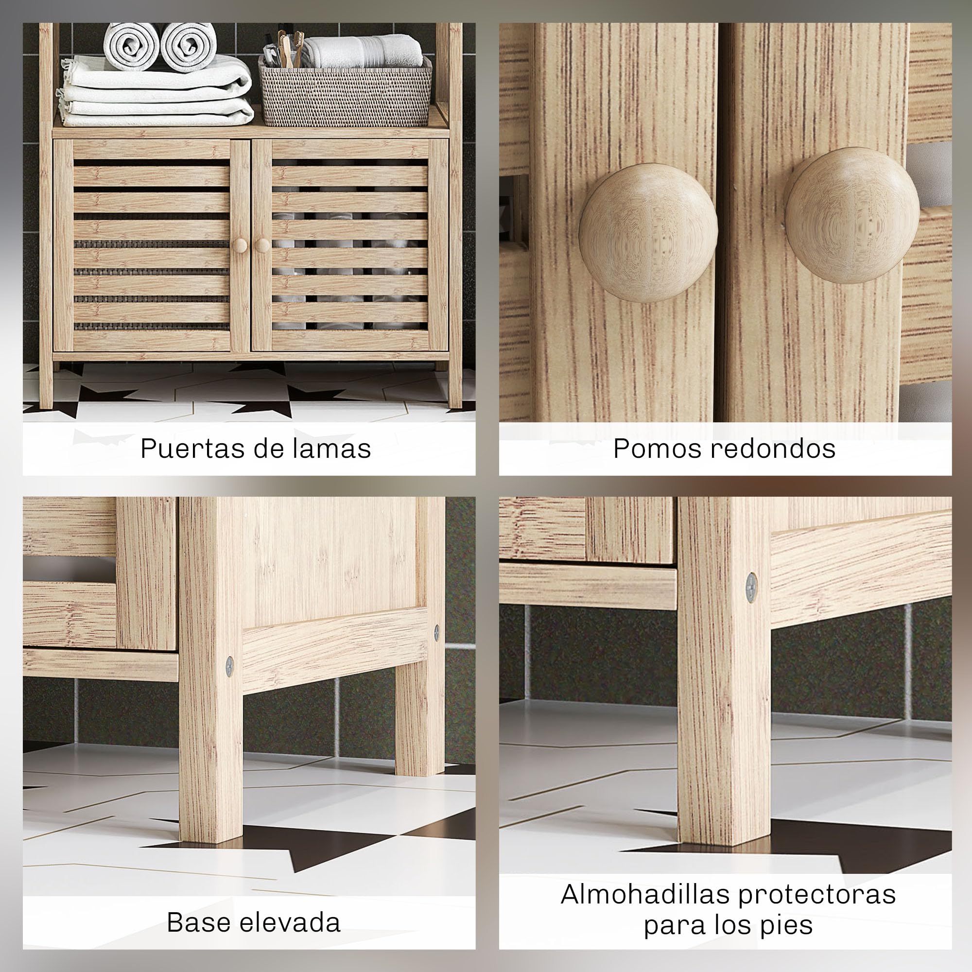 HOMCOM Estantería de Baño de Bambú con 3 Estantes Abiertos Estantería de Almacenaje con Puertas de Lamas 63x30x138 cm Natural y Blanco