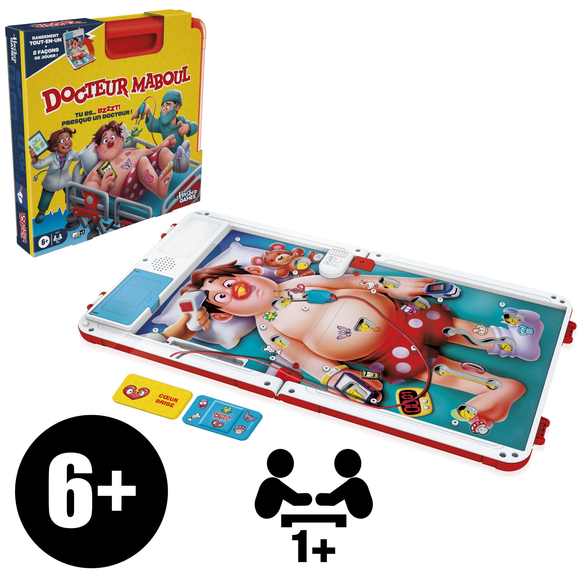 Gros plan sur le patient du jeu Docteur Maboul, mettant en évidence les cavités à manipuler avec précaution.