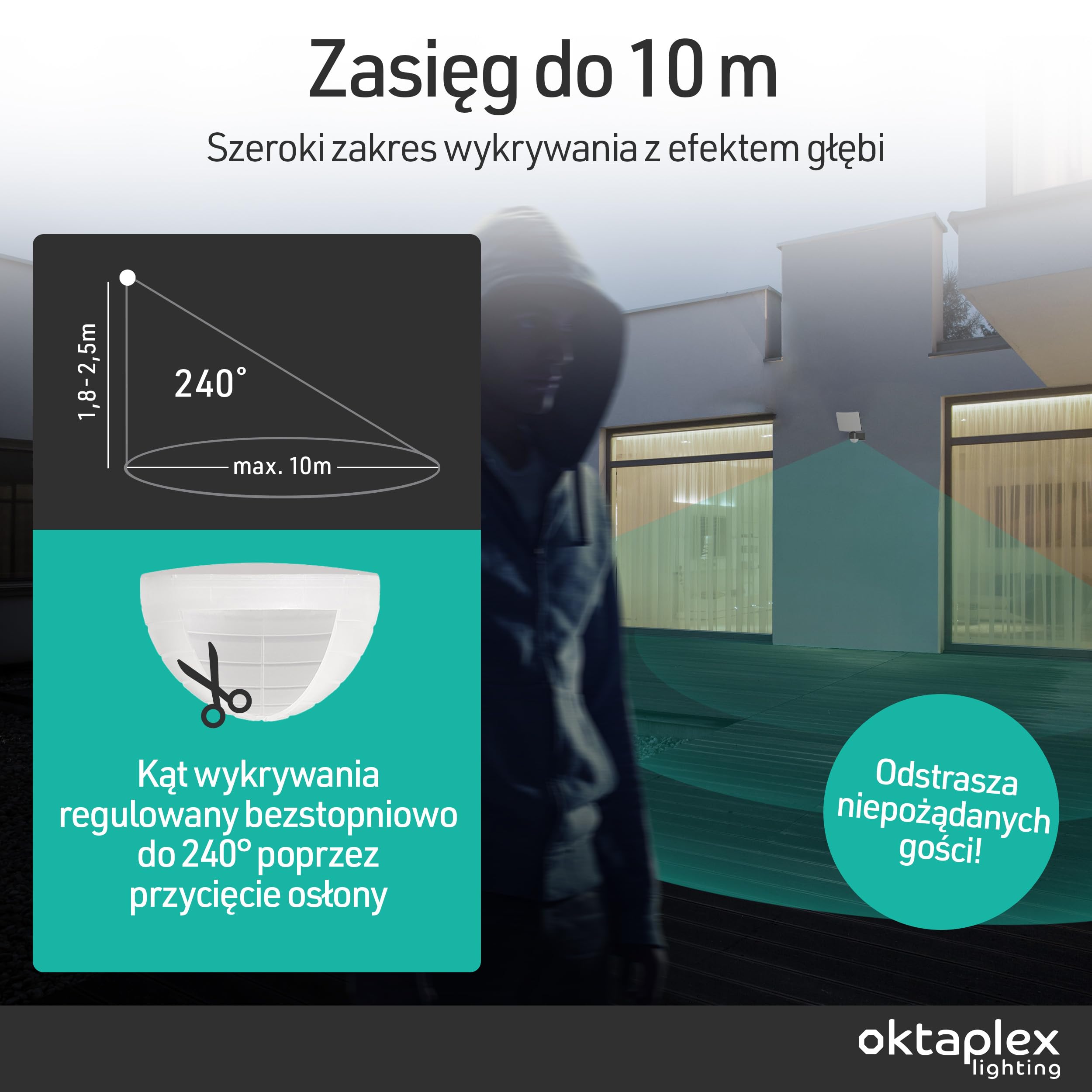 Oktaplex Cali lampa zewnętrzna z czujnikiem ruchu 2200 lm ciepła biel 3000 K reflektor zewnętrzny IP65 antracyt z funkcją Master