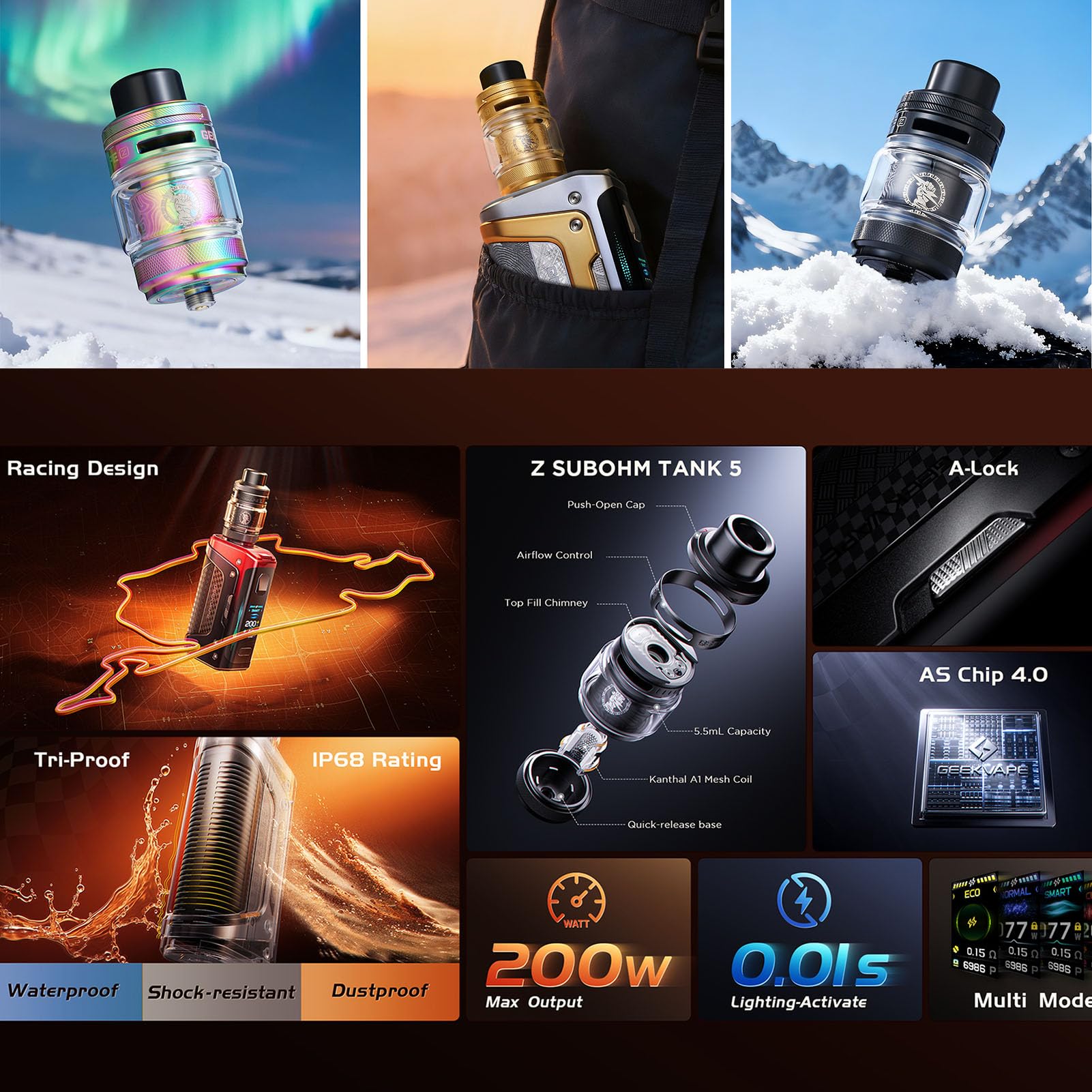 GEEKVAPE Aegis Legend 5 Kit (Z sub ohm tank 5 Version) 200W TC Box Mod (Battery Not Include) Vape with 7ml Atomizer Vaper Z XM Coil (0.2Ω/0.4Ω）Vaporizer No Nicotine
