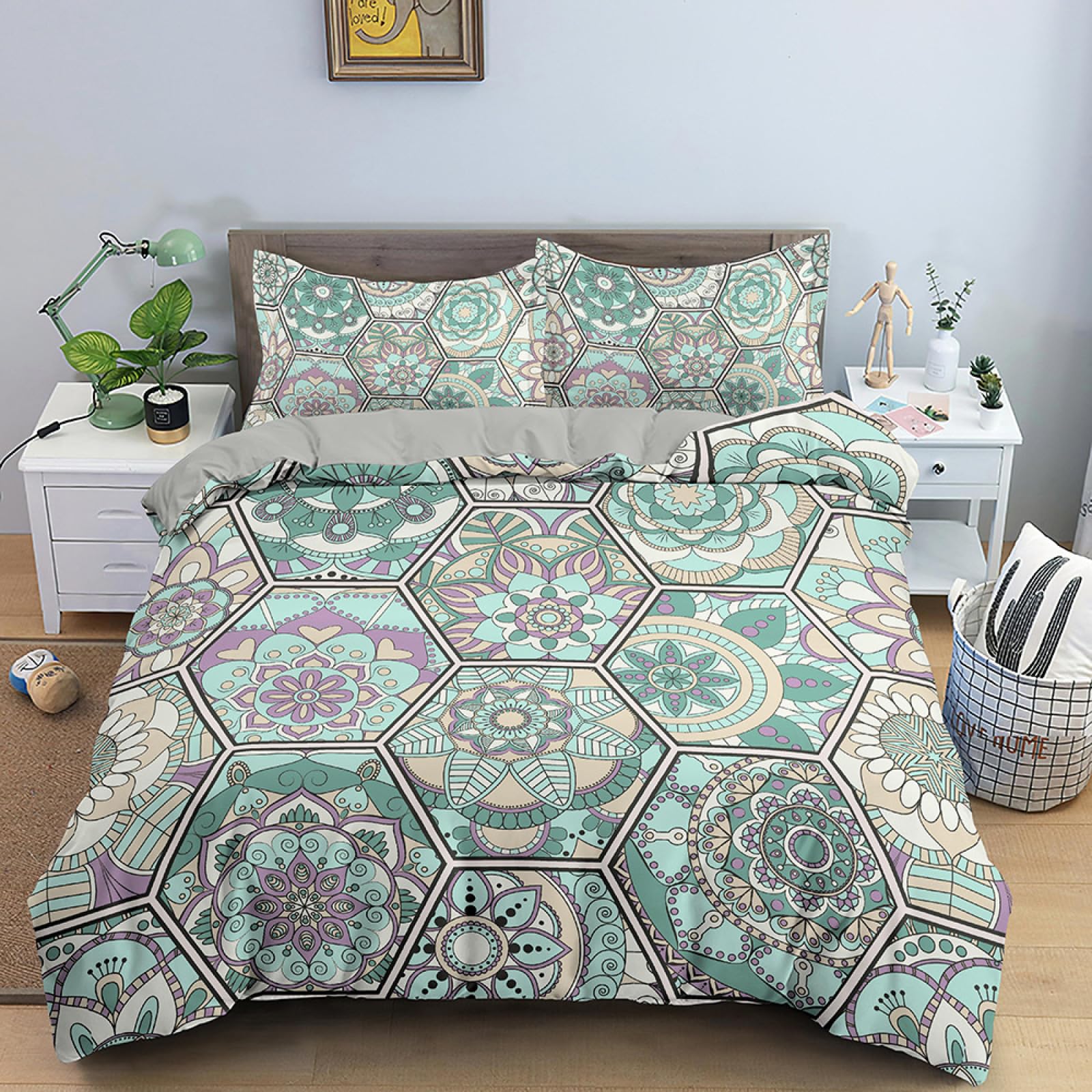 Dwetcxo King Size Duvet Cover Sets Retro Green Mandala Kingsize Duvet Cover Sets Microfiber Breathable King Size Bedding Soft Bedding with Zipper Closure+2 Pillowcases 50x75cm 220x240cm