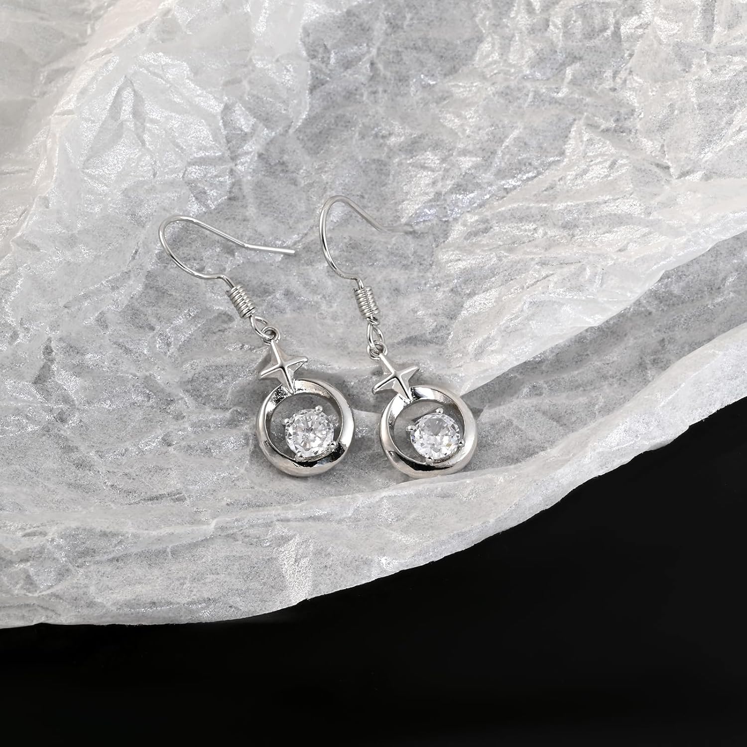 Silver Dangle Earrings for Women with Star and Circle Cubic Zirconia Drop Celestial Earrings for Wedding or Daily - Image 6