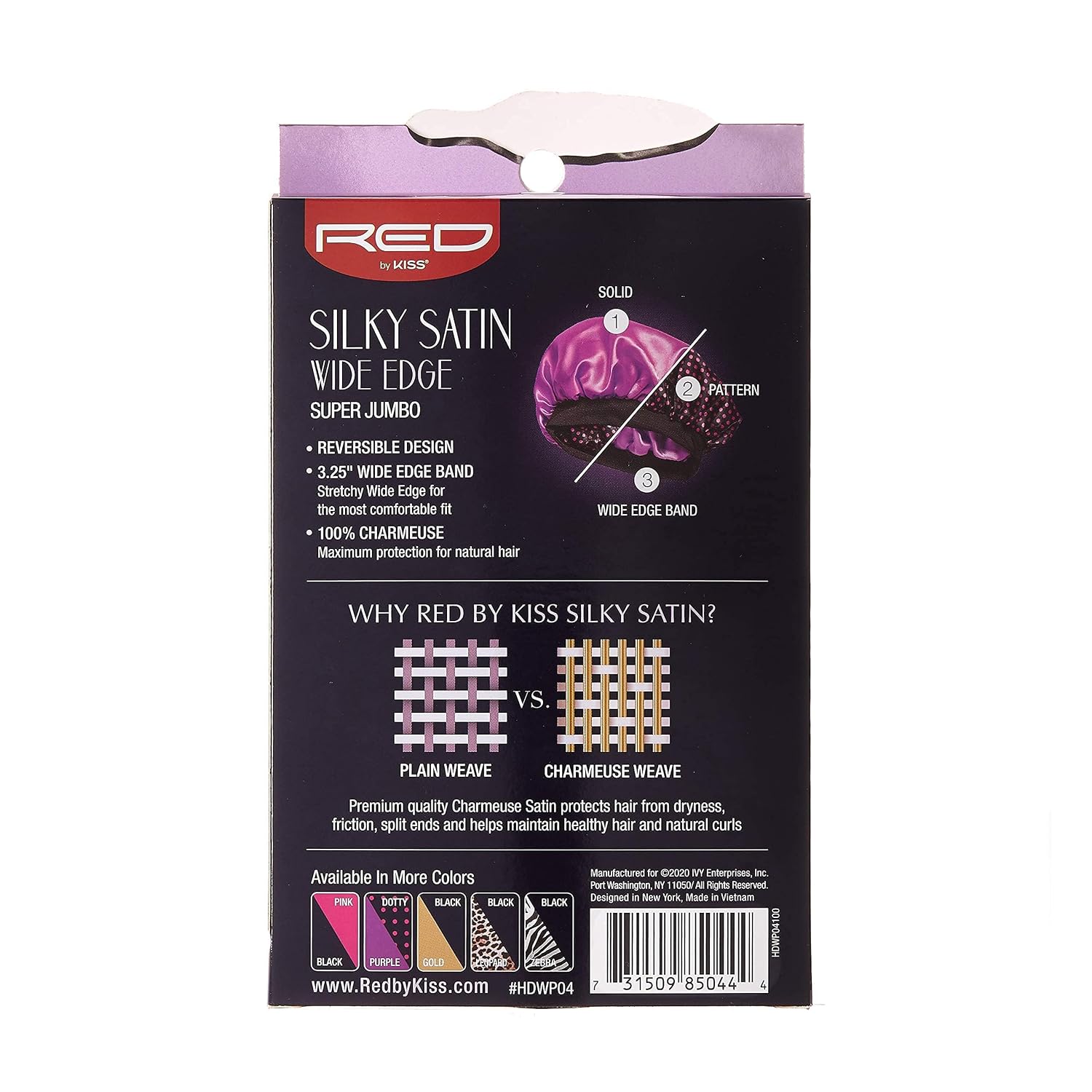 Red by Kiss Reversible Silky Satin Hair Cap Hair Bonnet with Wide Edge Double Wear Cap, Super Jumbo (Black)