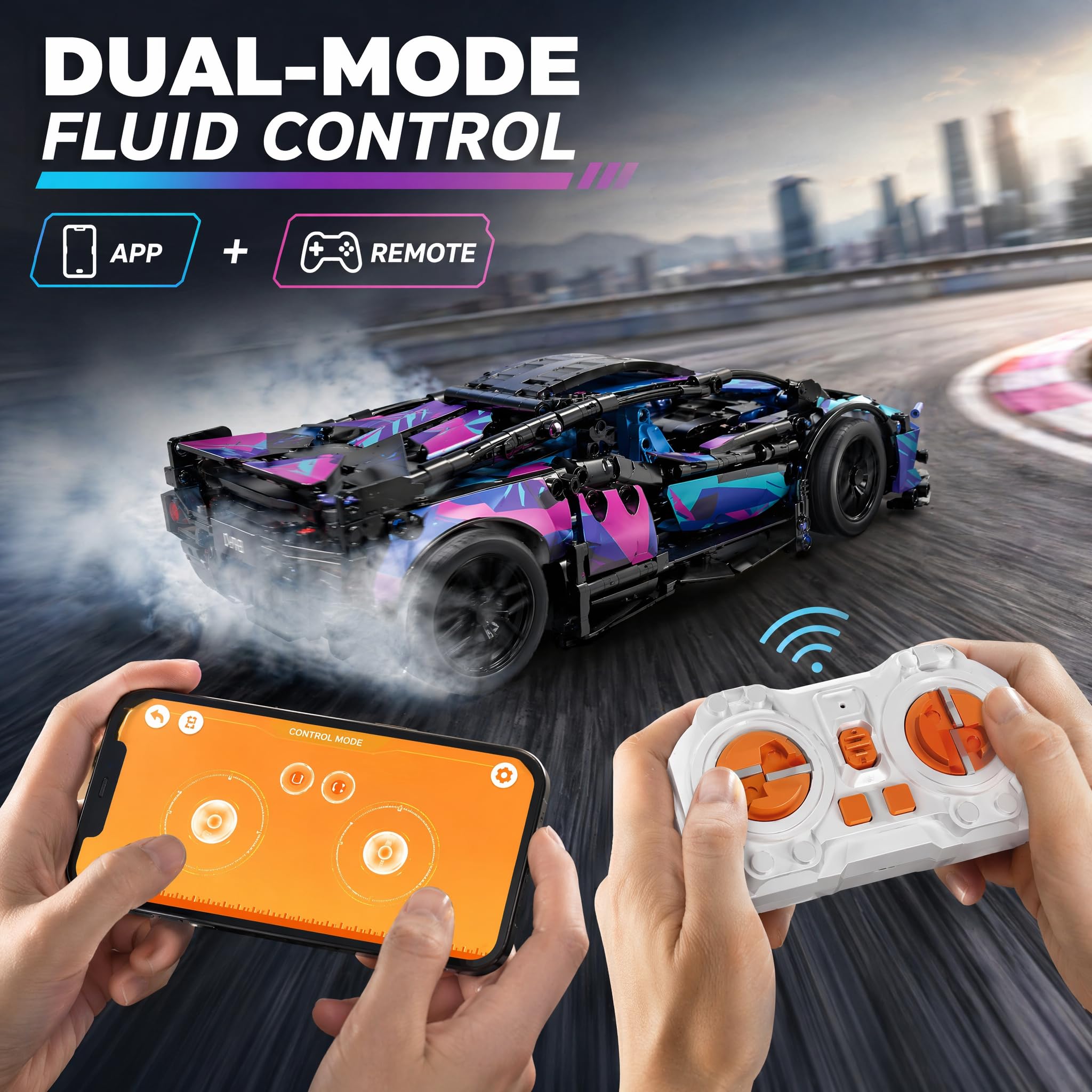 ferngesteuertes Auto, RC Auto, 1:14 mit LED Modell Bausatz | Auto-Kit mit 825 Teilen, LED-Lichtern, App-Play, und 2,4-GHz-Fernbedienung; gebaut für Familienbau, Indoor-Fahren, Display