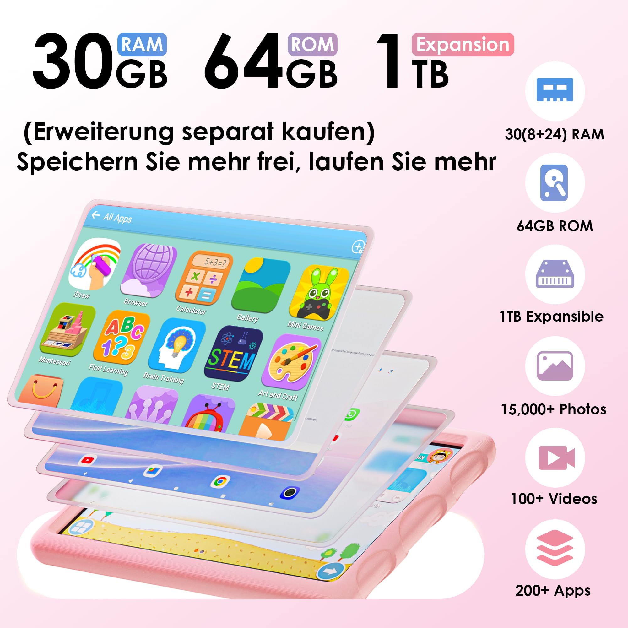 ZENTALITY Kinder Tablet 10 Zoll Android 15 mit 30GB RAM + 64GB ROM(2TB), 5G WLAN 6, Widevine L1, Elterliche Kontrolle, 8-Core, 8000 mAh, Kids Tablet mit Kinder Hülle Eva + 360° Drehbarer Ständer,Rosa