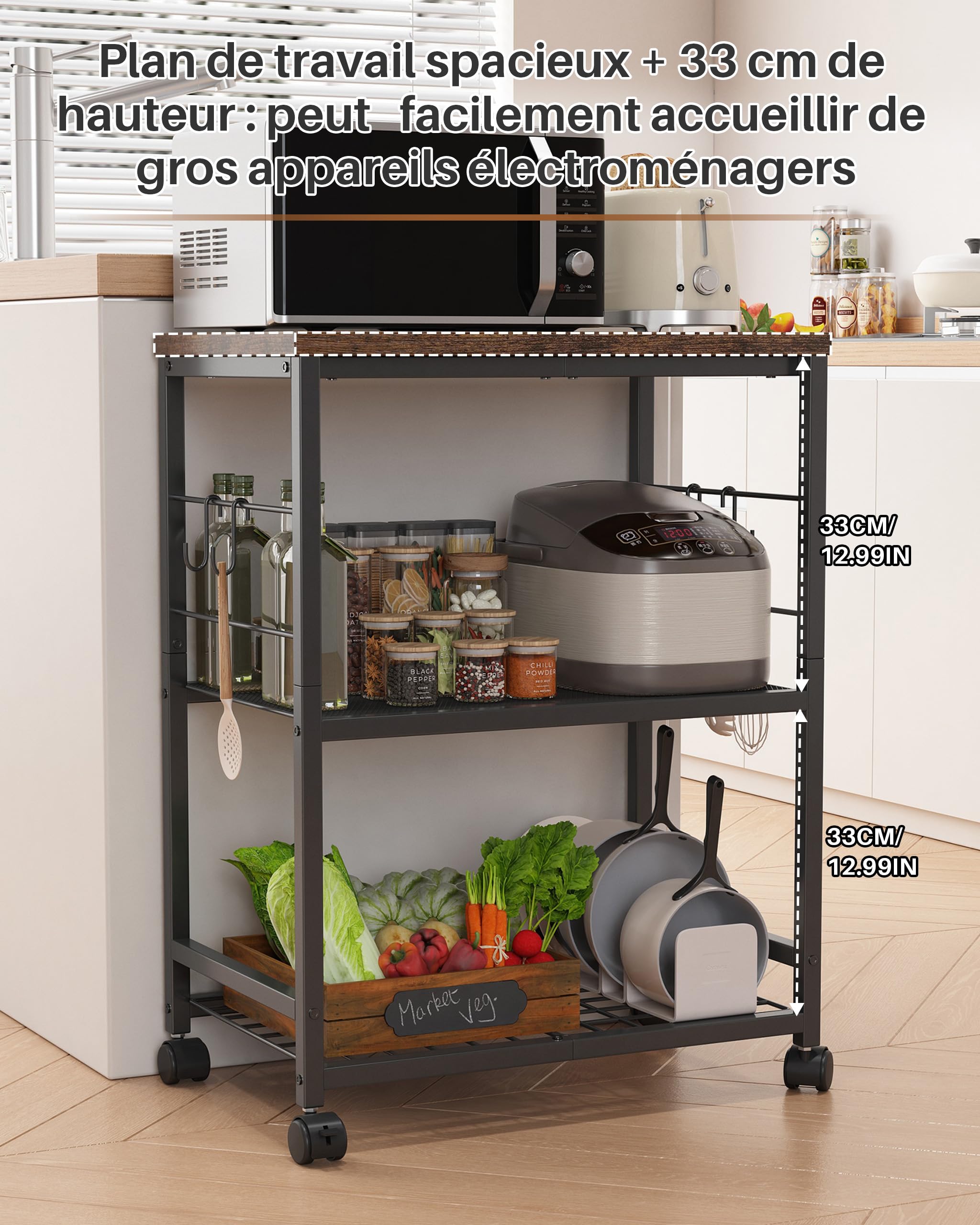 Desserte de Cuisine à roulettes, 3 Niveaux