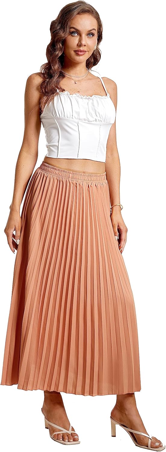 Womens Elastic High Waist Long Pleated Skirt Tiered Boho Swing A line Beach Maxi Skirt - Image 4