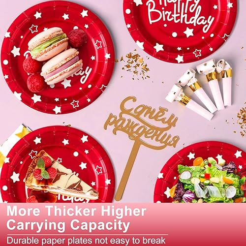 Miniatura 5 de Platos de papel para fiesta de cumpleaños, platos de postre desechables de cumpleaños rojos, 50 unidades de suministros de fiesta de 7 pulgadas,