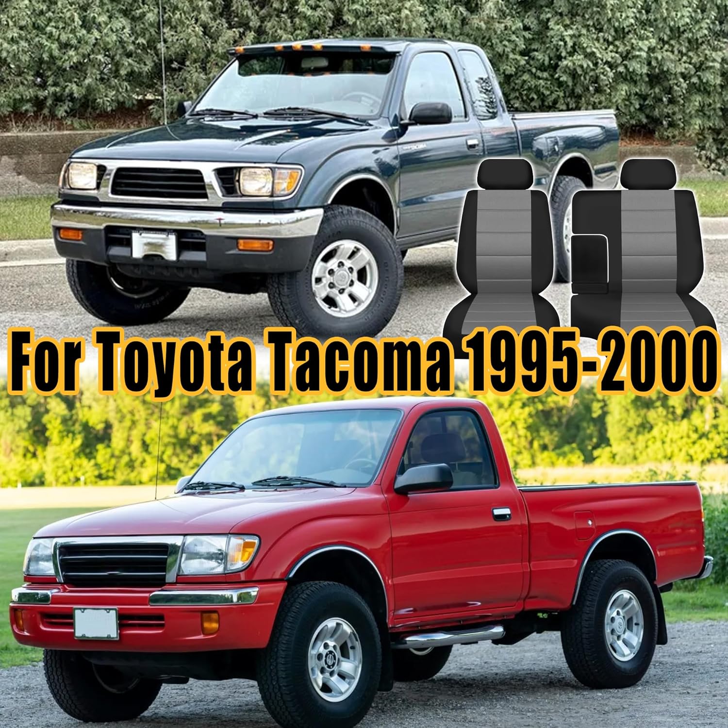 Front 60/40 Bench Seat Covers for Toyota Tacoma 1995 1996 1997 1998 1999 2000 - Water-Resistant Polyester Protectors with Headrest & Console Covers, Easy to Clean-Black&Gray