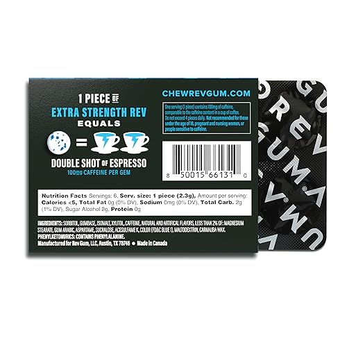 Miniatura 3 de Rev Goma de goma de cafeína Energy  Extra Strength 100 mg de cafeína por gema  Goma de cafeína sin azúcar de menta polar  Masticables bajos en