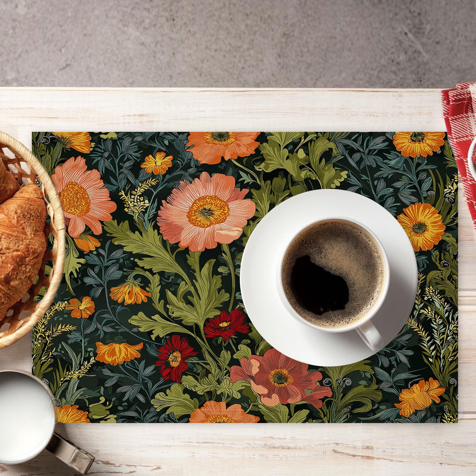 Set di 8 Tovagliette Americane Lavabili Cotone Lino Fiori Squisiti - Tovaglietta Americana Stoffa Resistenti al Calore Durevole Margherita Rampicante- per Colazione Pranzo