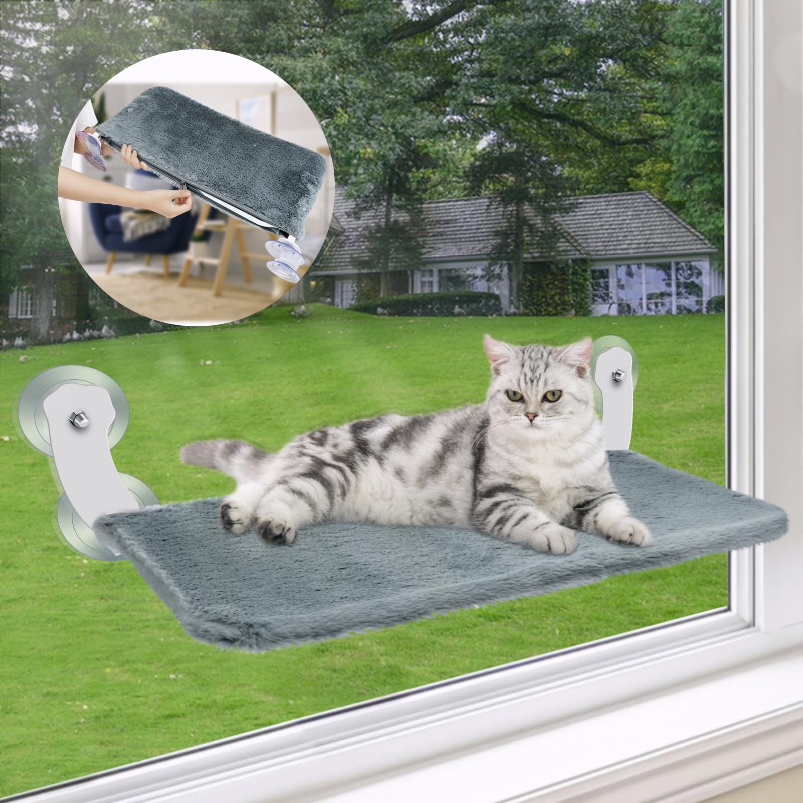 Upgrade All-Metal Large Size Cat Window Hammock, 22.5 inch Cat Window Perch for Cats Inside, Cozy Cordless Cat Pet Window Bed Seat with Macrame and 4 Strong Suction Cups Preassembled Foldable