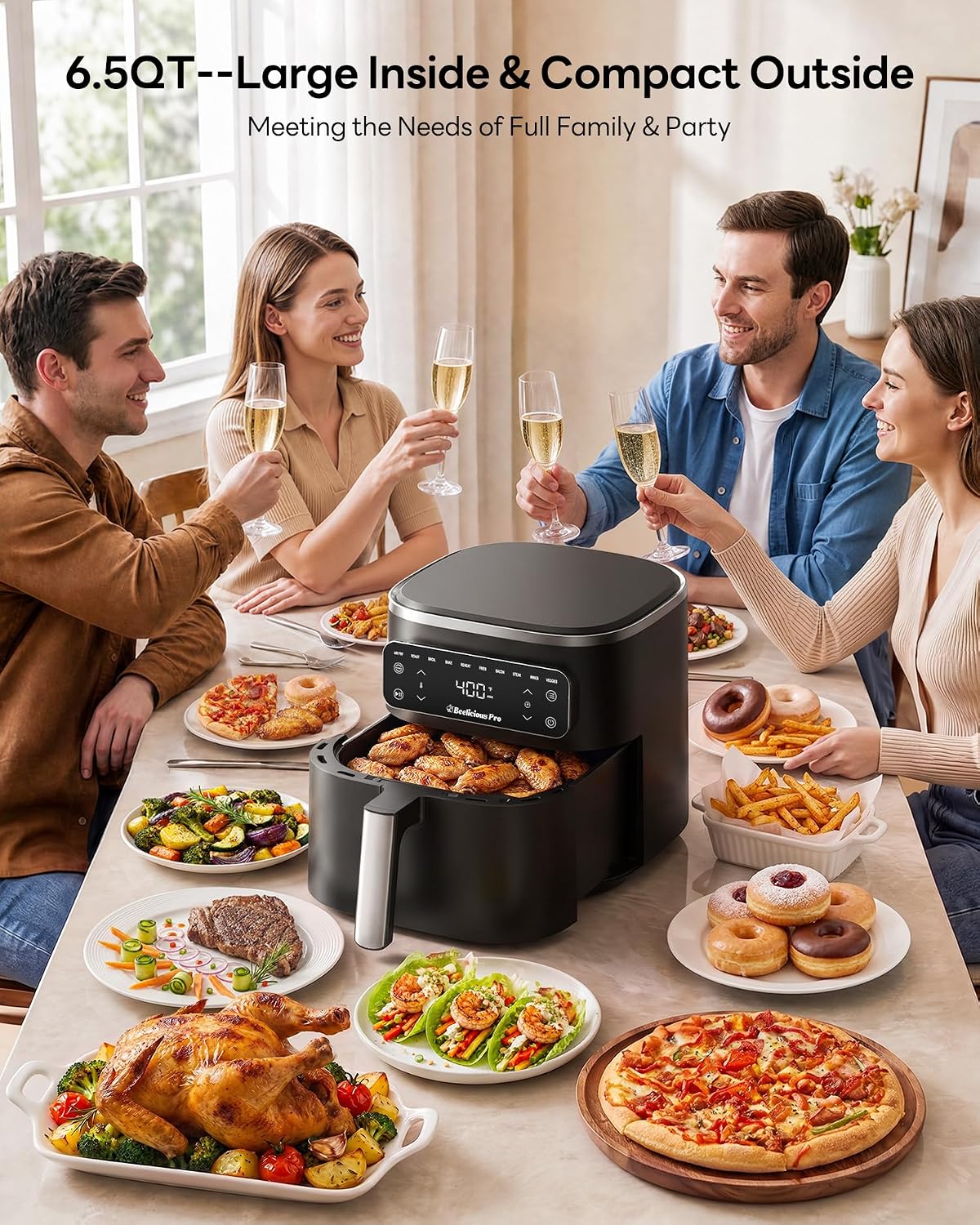Beelicious Pro 10-in-1 MicroTemp Air Fryer 6.5QT, PFAS-Free Ceramic Coating Airfryers, Nonstick & Dishwasher Safe, AI-Powered E-Recipes, Shake Reminder, Compact, Digital Display
