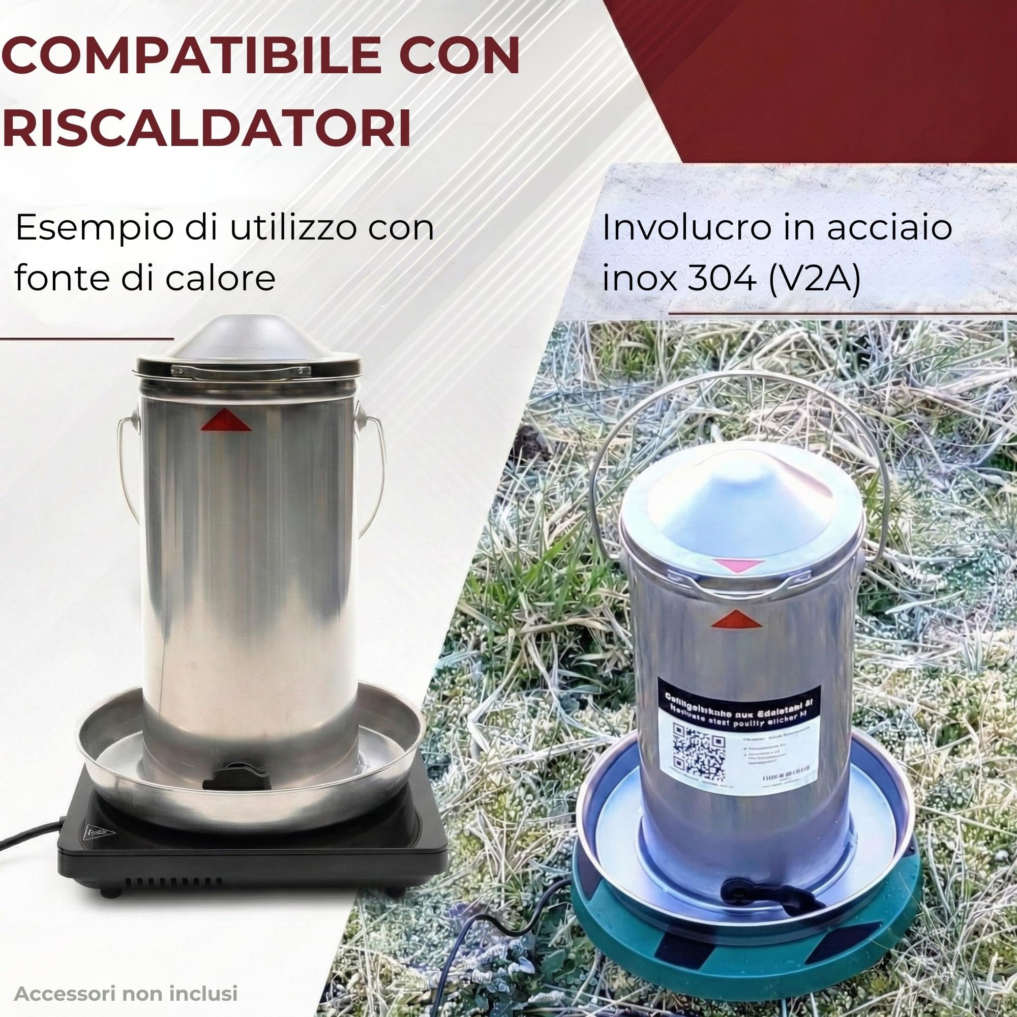 Abbeveratoio per Galline 4L in Acciaio Inox 304 (V2A) – Riempimento dall'alto, compatibile con riscaldatori e piastre riscaldanti, per pollaio