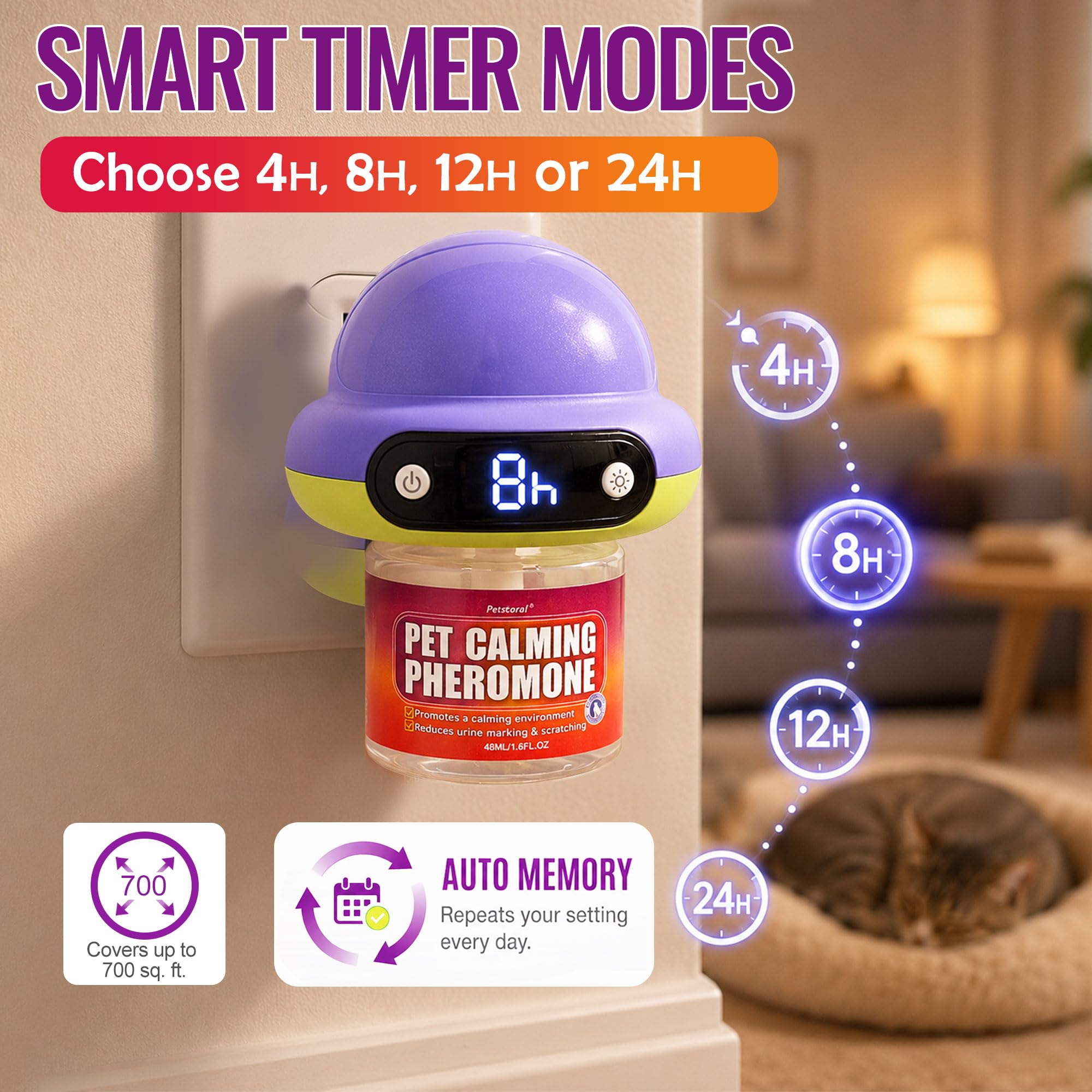 Petstoral Diffuseur de phéromones pour chat avec minuterie, programme intelligent de 4/8/12/24 heures, aide à réduire l'anxiété, la pulvérisation d'urine, les rayures et l'agression pour les maisons