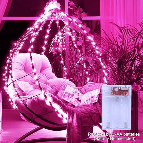 Miniatura 6 de Paquete de 2 tiras de luces que funcionan con pilas, 80 luces LED rosas de 26 pies, impermeables, alambre transparente, luces parpadeantes para