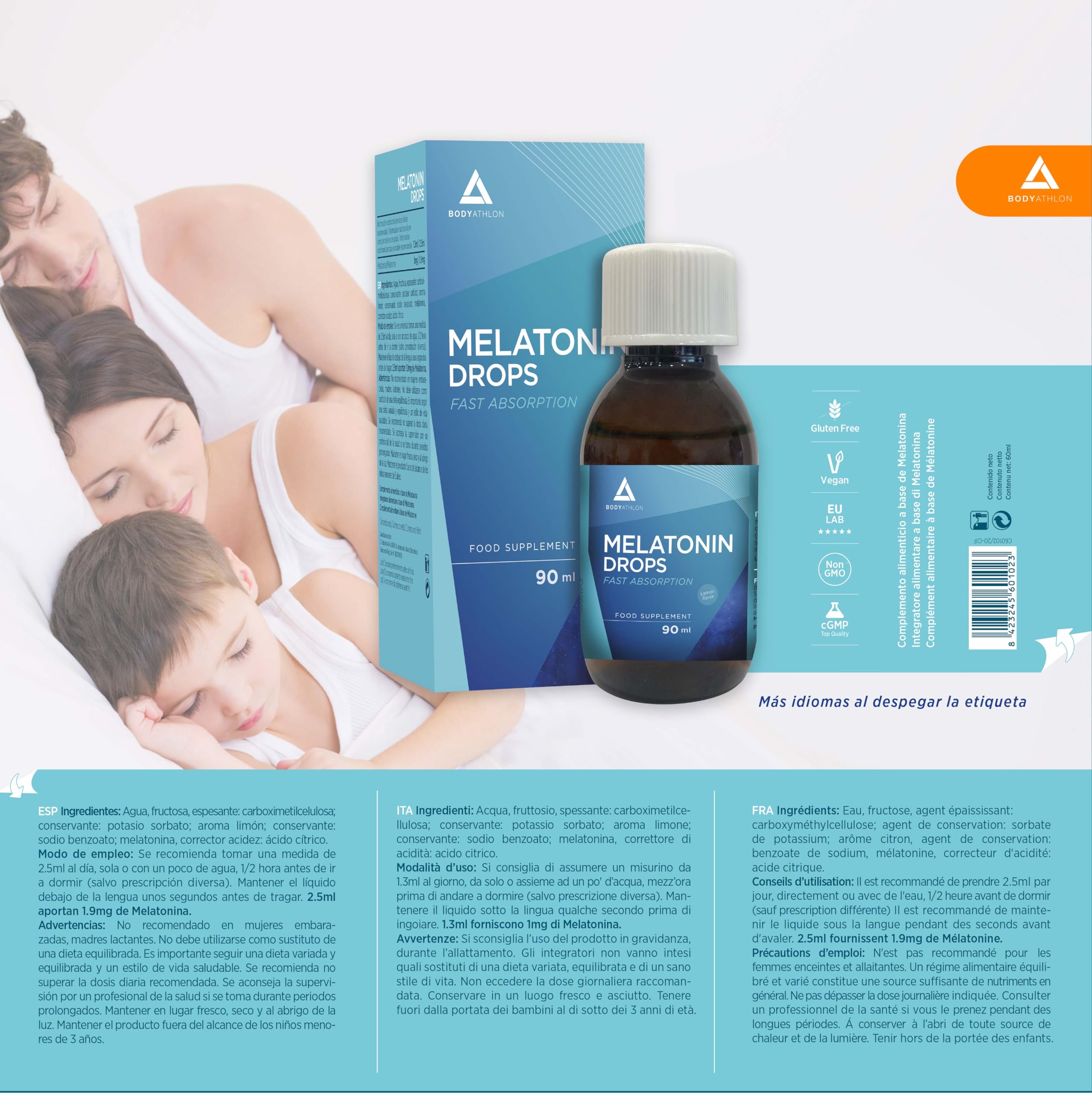 Melatonina pura in gocce 90ml |Melatonina bambini e adulti per Dormire Meglio |Aiuta con l’insonnia| Gocce per dormire effetto rapido e duraturo |Aroma limone| Vegano| BODYATHLON