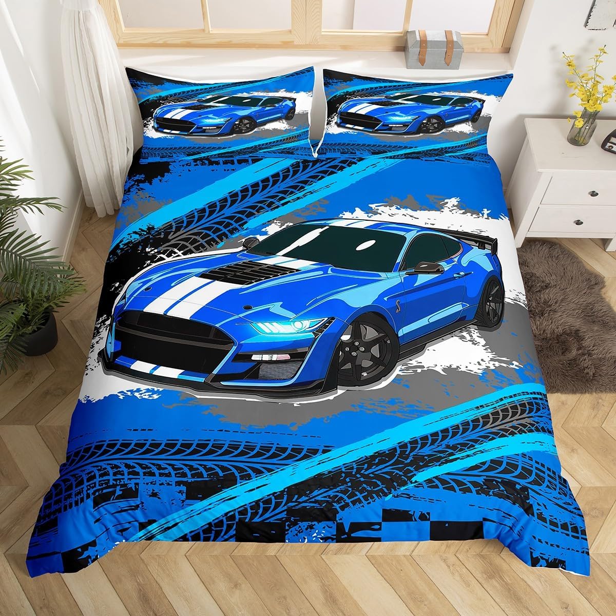 Blue Sports Car Duvet Cover for Kids Boys Men,Graffiti Race Car Bedding Set Queen,Grunge Car Track Bed SetsLightweight Soft,Hippie Racing Car Quilt Cover with 2 Pillowcases Bedroom Home Decor