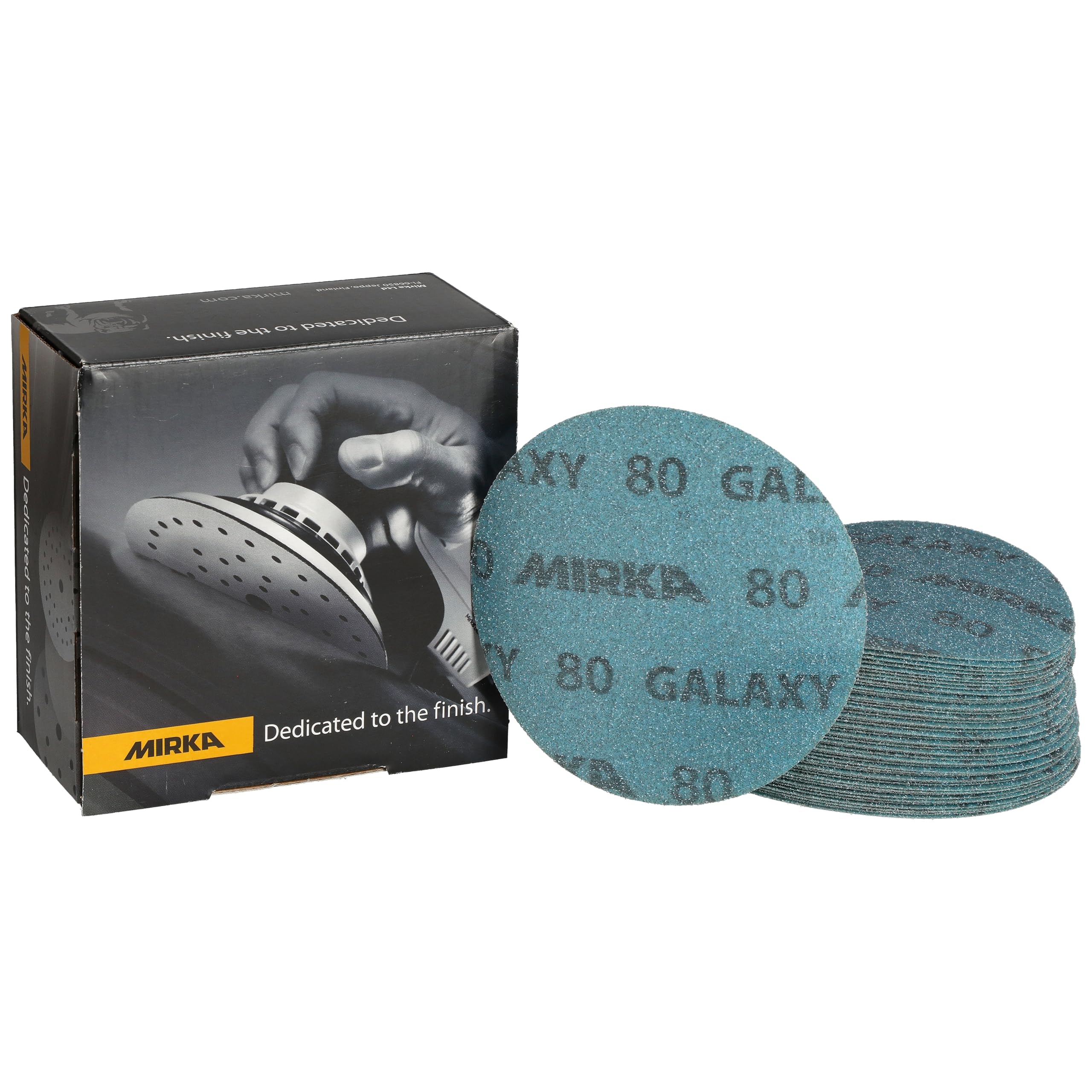 Mirka GalaxySandpaper - Carta abrasiva da 125 mm, grana 80, 50 dischi/confezione, gancio e anello, abrasiva di alta qualità per resina epossidica, legno, metallo, tecnologia anti-intasamento e