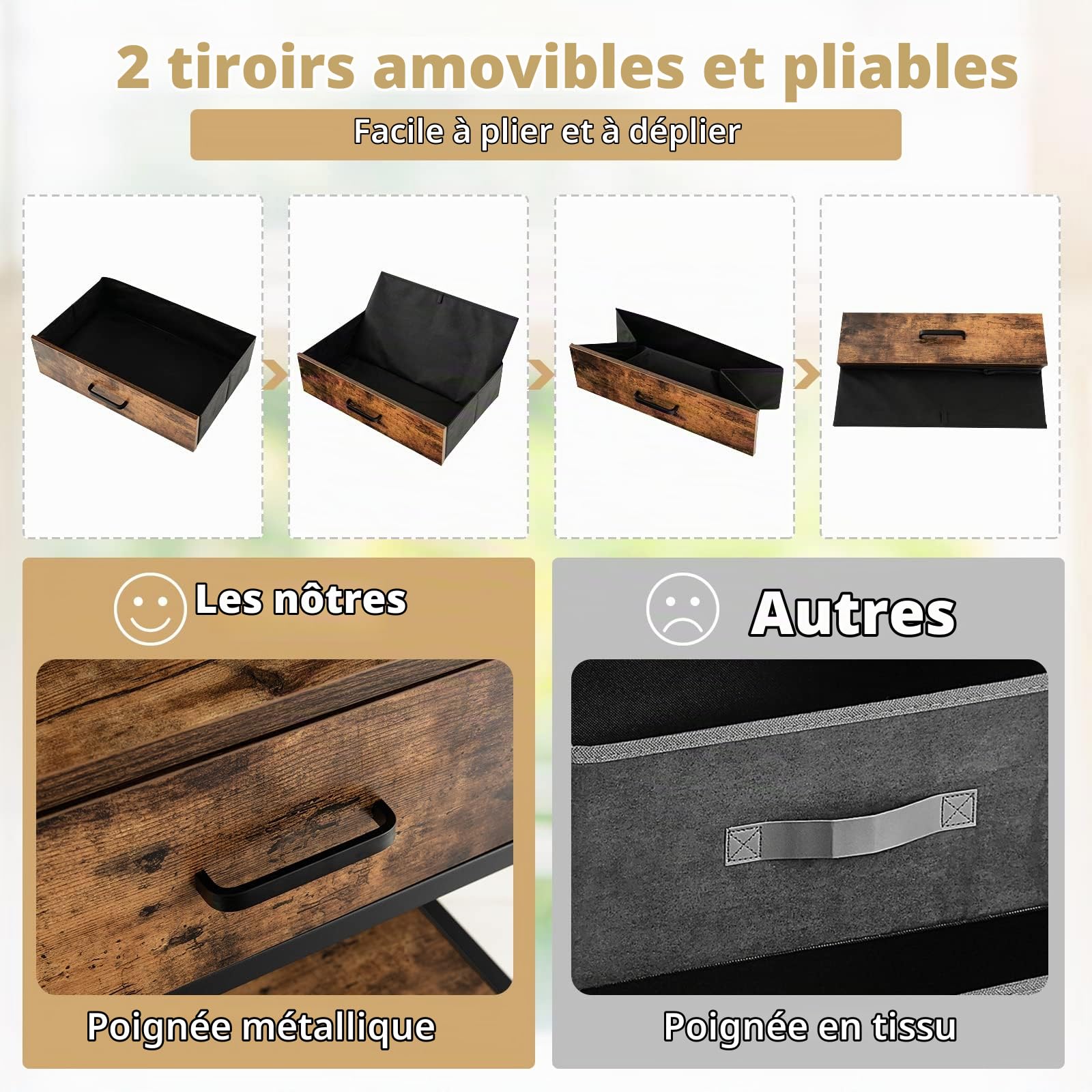 GOPLUS Table Console Industrielle avec 2 Tiroirs Amovibles et Pliables, Cadre Métallique, Anti-Basculement, Table d'Entrée à 3 Niveaux pour Salon, Couloir, Chambre,100X30X80 CM, Marron Rustique
