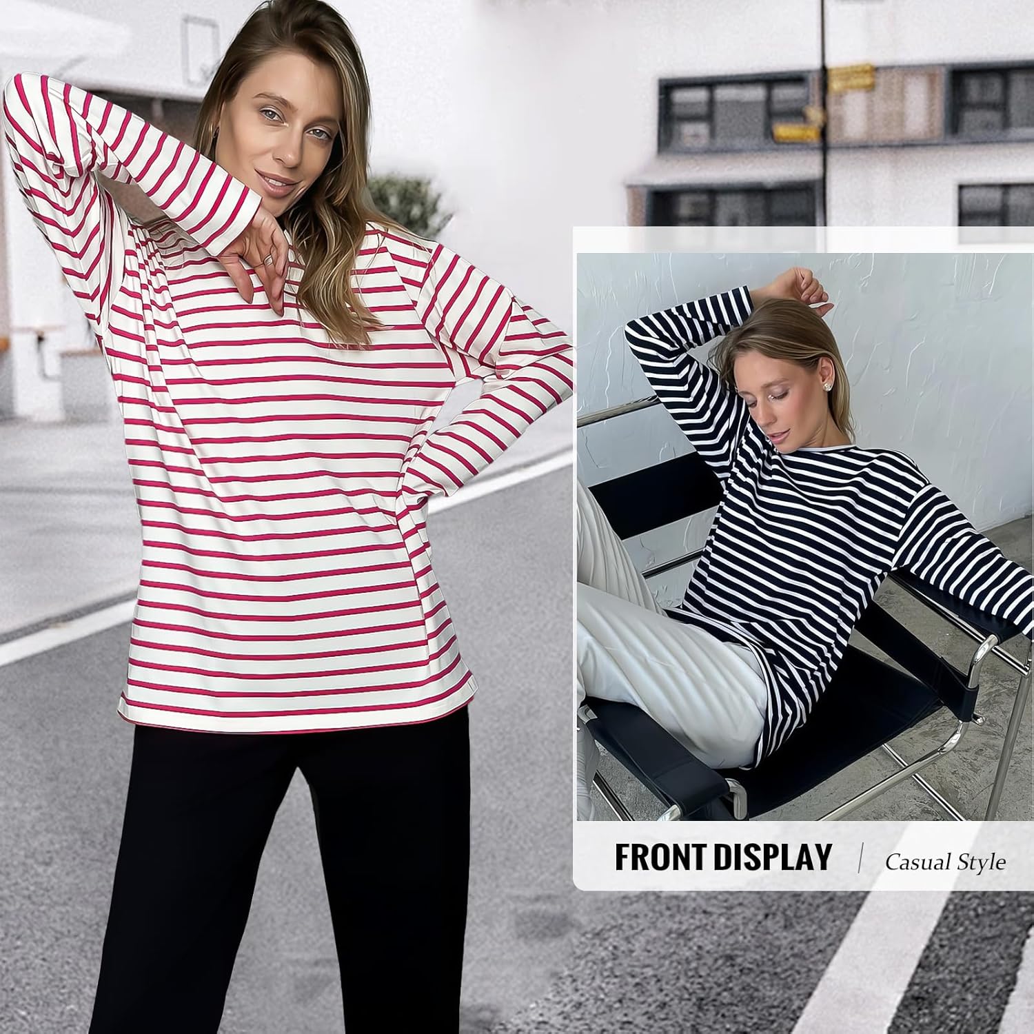 Women's Striped Long Sleeve T-Shirt - Crewneck Relaxed Fit ClassicTee with Stretch, Casual Breton Top - Image 5