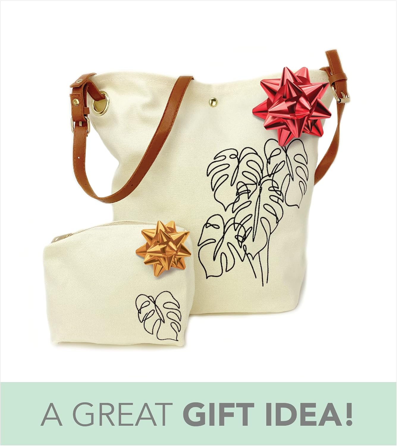 Monstera Canvas Crossbody Tote Bag & Zipper Pouch, Shoulder Tote Bag, Plant Lover Gifts For Women