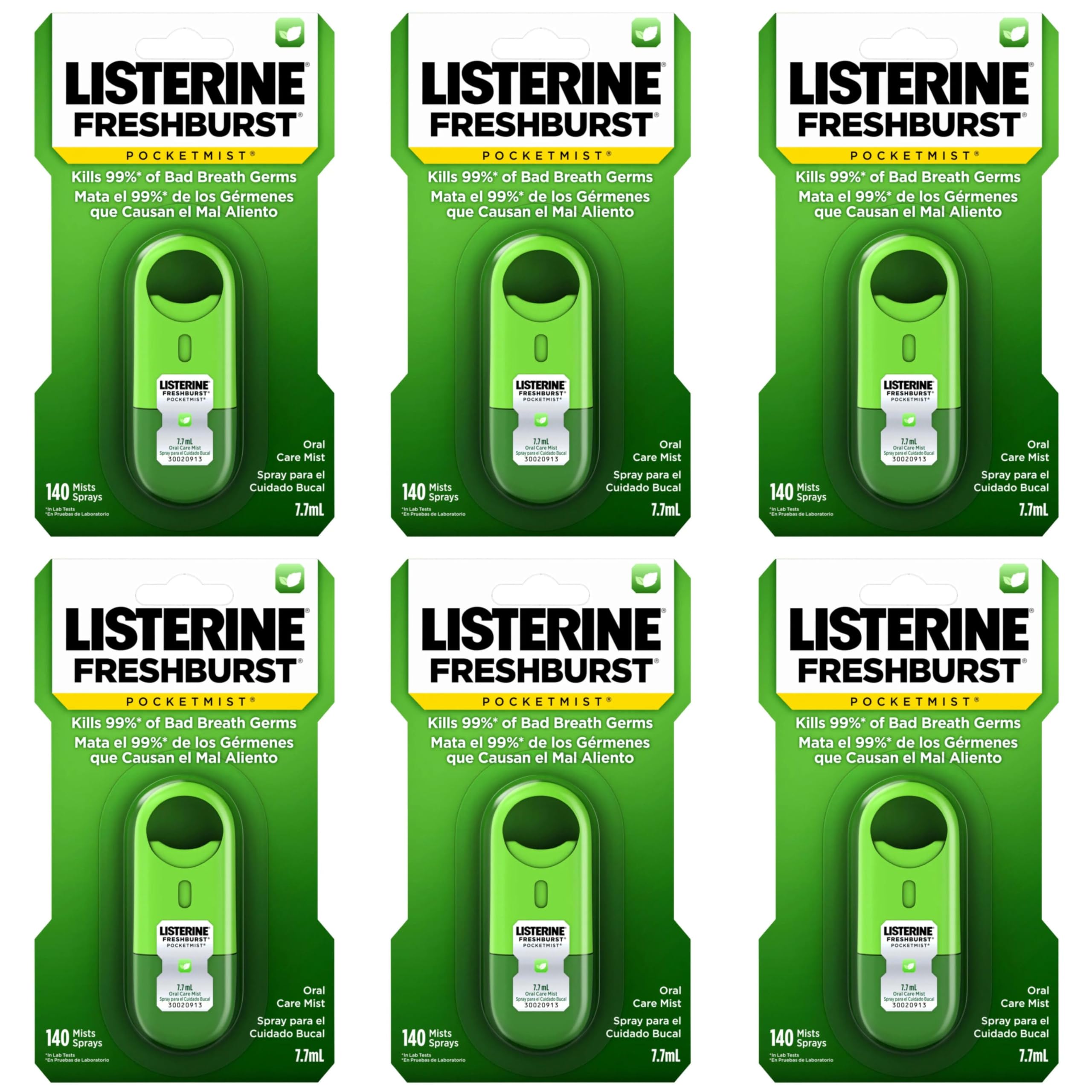Listerine Freshburst Pocketmist Oral Care Mist for Fresh Breath, Non-Aerosol Sugar-Free Travel Size Mouth Spray Kills 99% Bad Breath Germs, On-The-Go, Portable, Spearmint Flavor, 7.7 mL