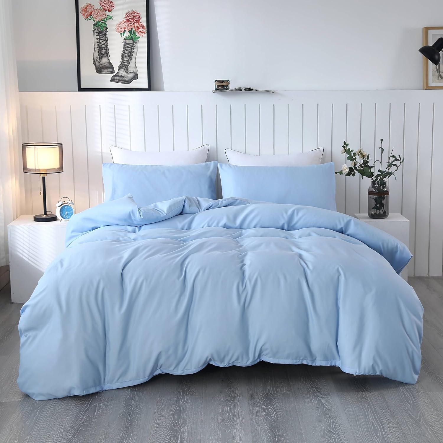 SDIII 3PCS Light Blue Duvet Cover King Set, 1 Duvet Cover and 2 Pillowcase, Breathable Microfiber, Baby Blue King Duvet Cover, Zipper and Corner Ties