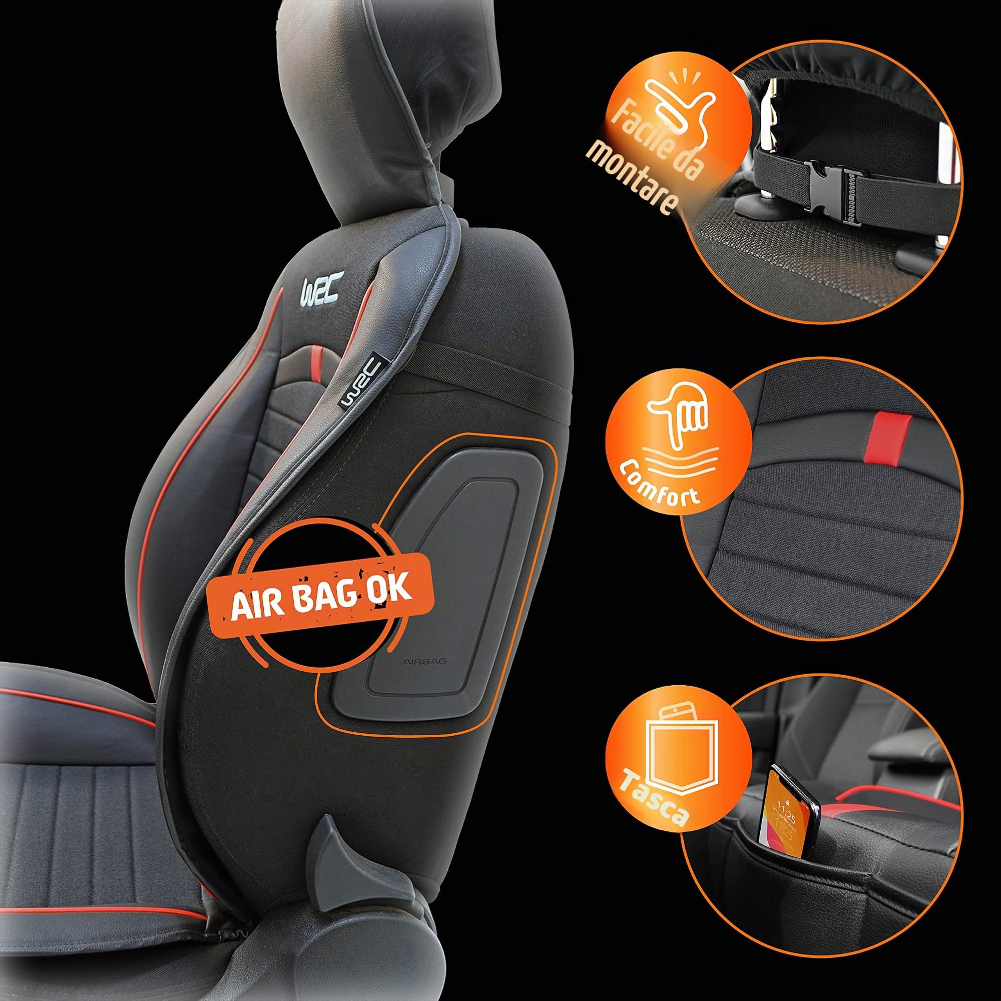 WRC 007589 Coprisedile auto, Nero/Arancio Racing 7589