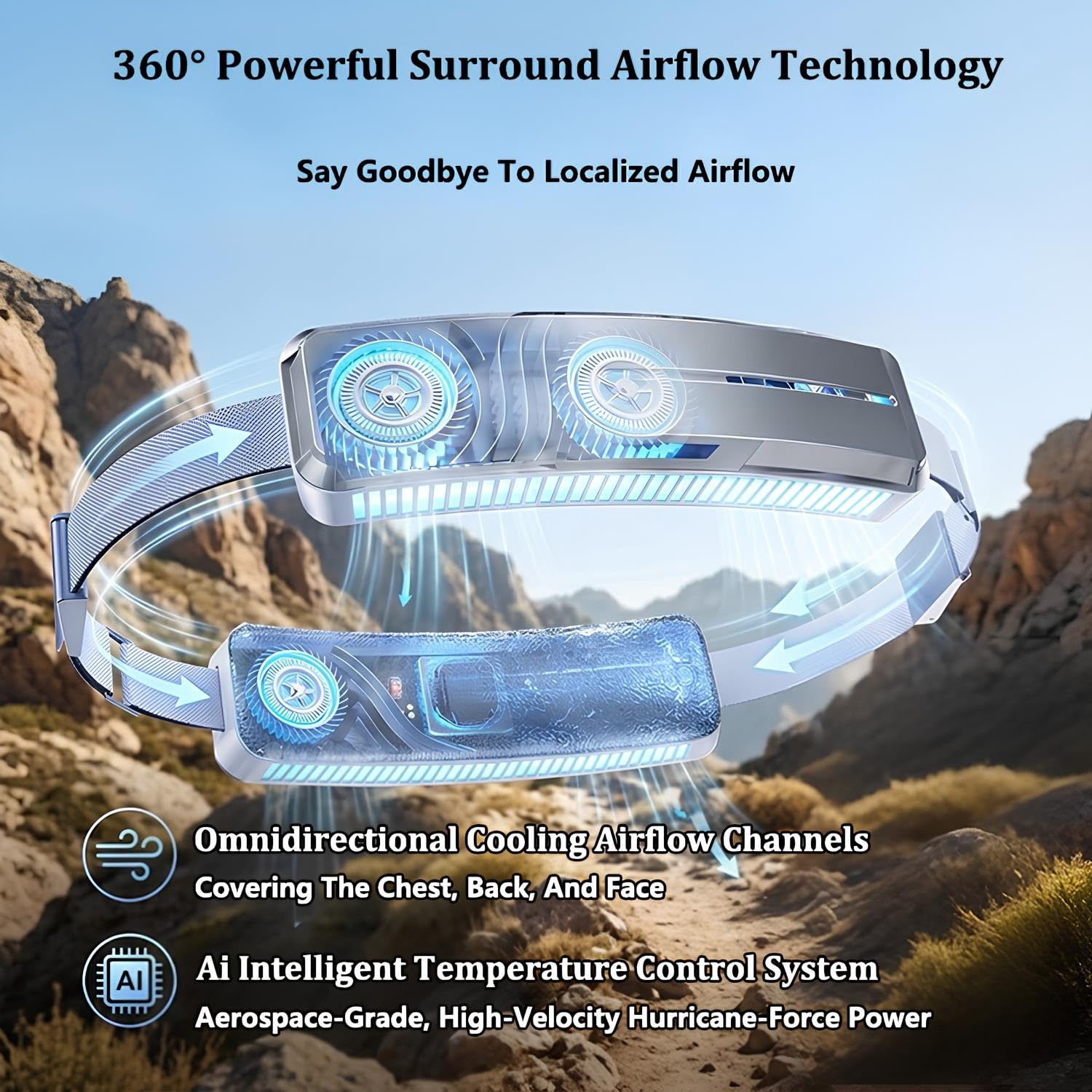 Ventilador de cintura recargable portátil, viento fuerte, batería de 5000 mAh, 3 velocidades, bolsa de hielo desmontable para actividades al aire libre, lugar de trabajo, pesca, picnic