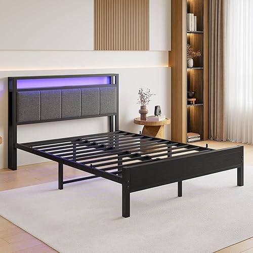 Miniatura 9 de Base de cama Queen con almacenamiento de cabecero, base de cama tapizada tamaño Queen con estación de carga y luces LED, no necesita somier, Negro y
