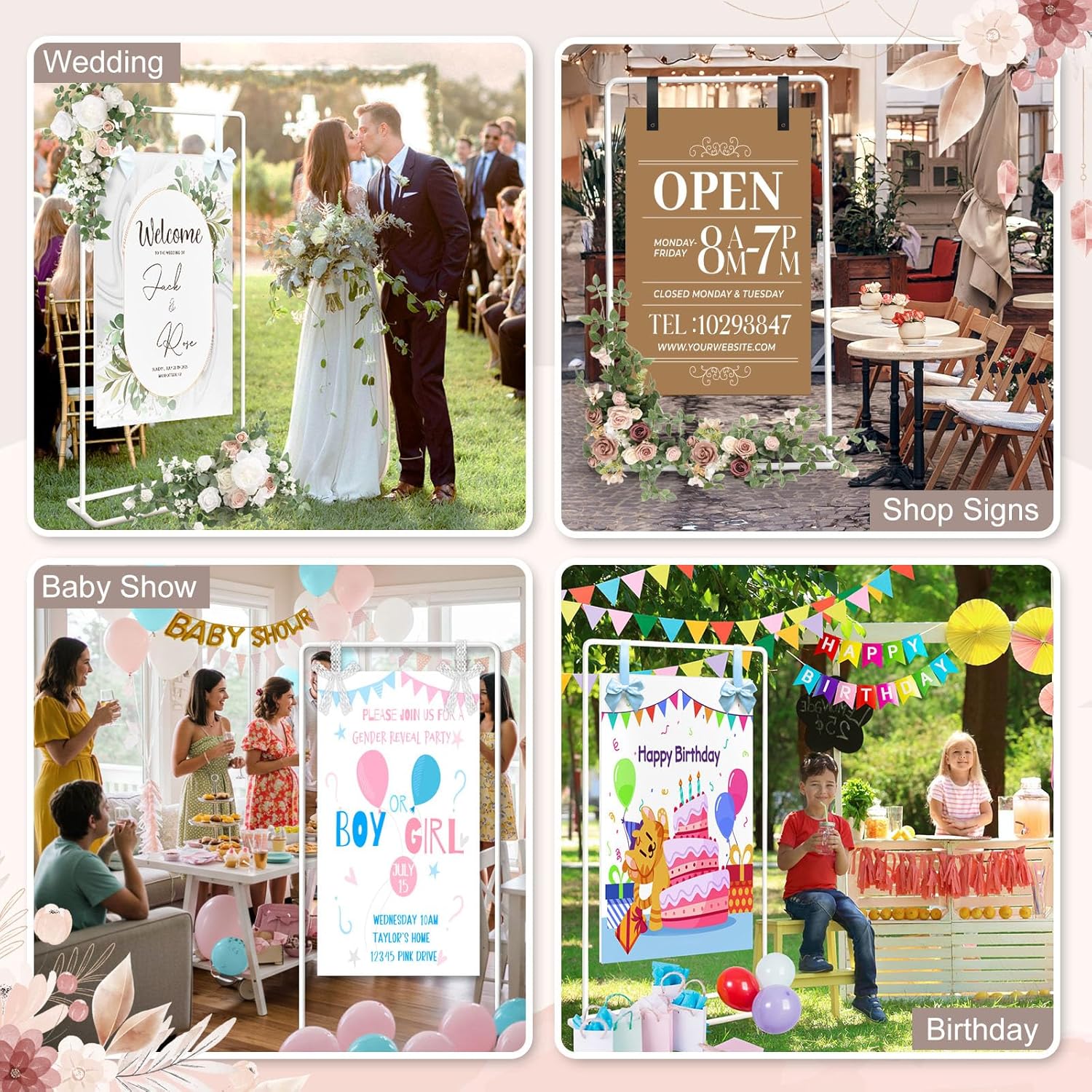 Wedding Welcome Sign Stand, Welcome to Our Wedding Sign Holder for Seating Charts & Poster, Black Metal Easel Stand with Design Bundle and Hanging Straps for Wedding Baby Shower Birthday Decor