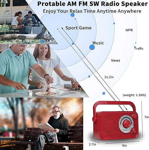 Miniatura 2 de D218 Receptor de radio portátil AM FM SW Retro Altavoz Bluetooth con sonido claro, funciona con pilas, buena recepción con conector de tarjeta